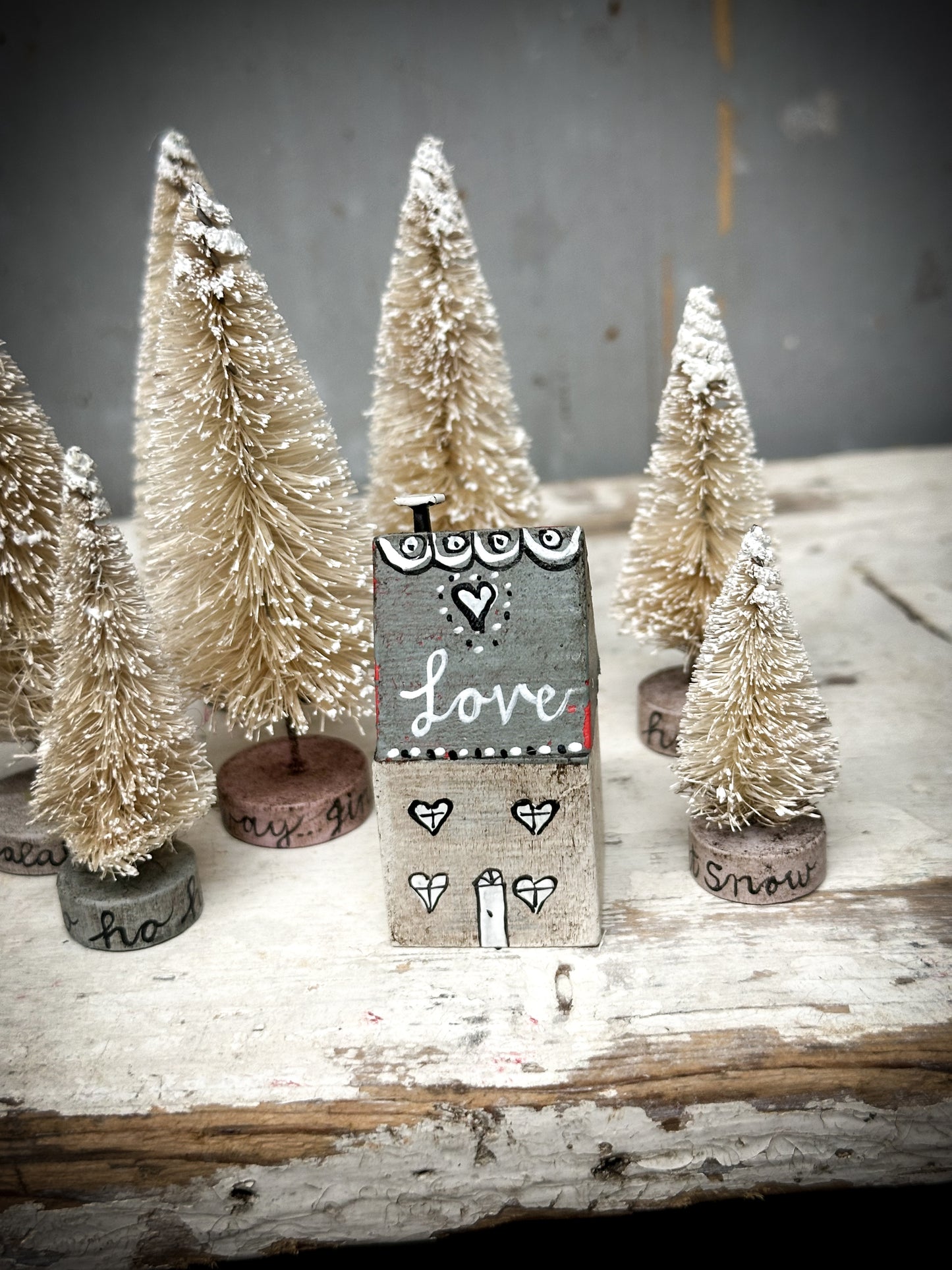 A Large Vintage German Erzgebirge Putz Wooden Village House “Love”