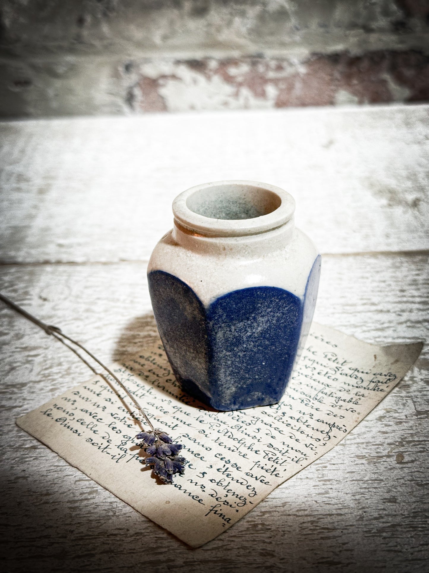 Antique Hexagonal Creamery Bottle with Blue Glaze