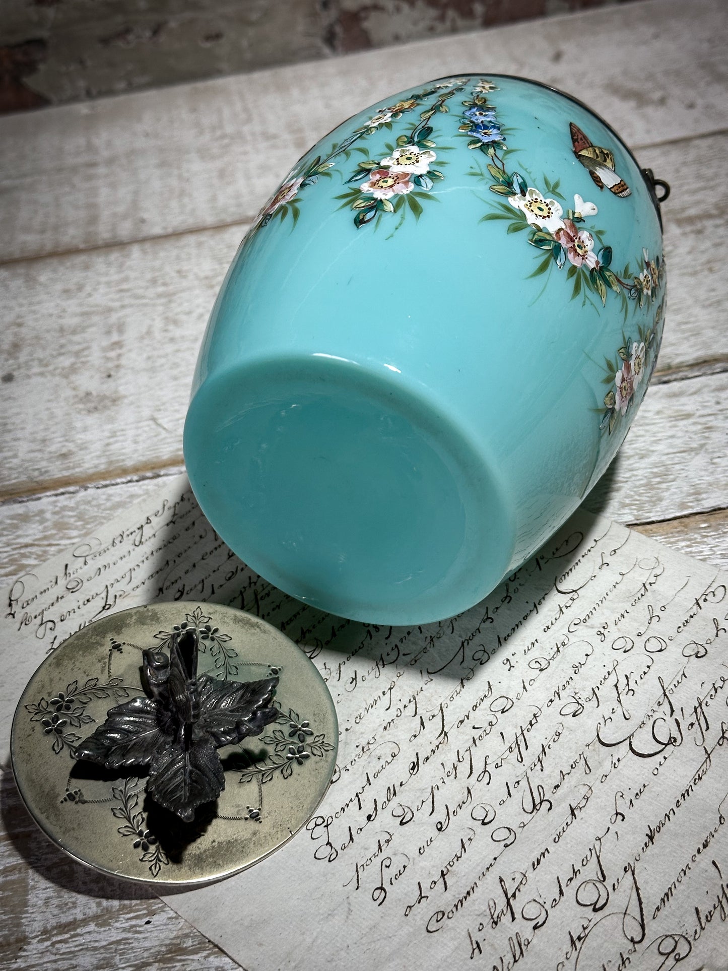 Antique lady’s Enamelled Milk Glass Boudoir Biscuit Barrel