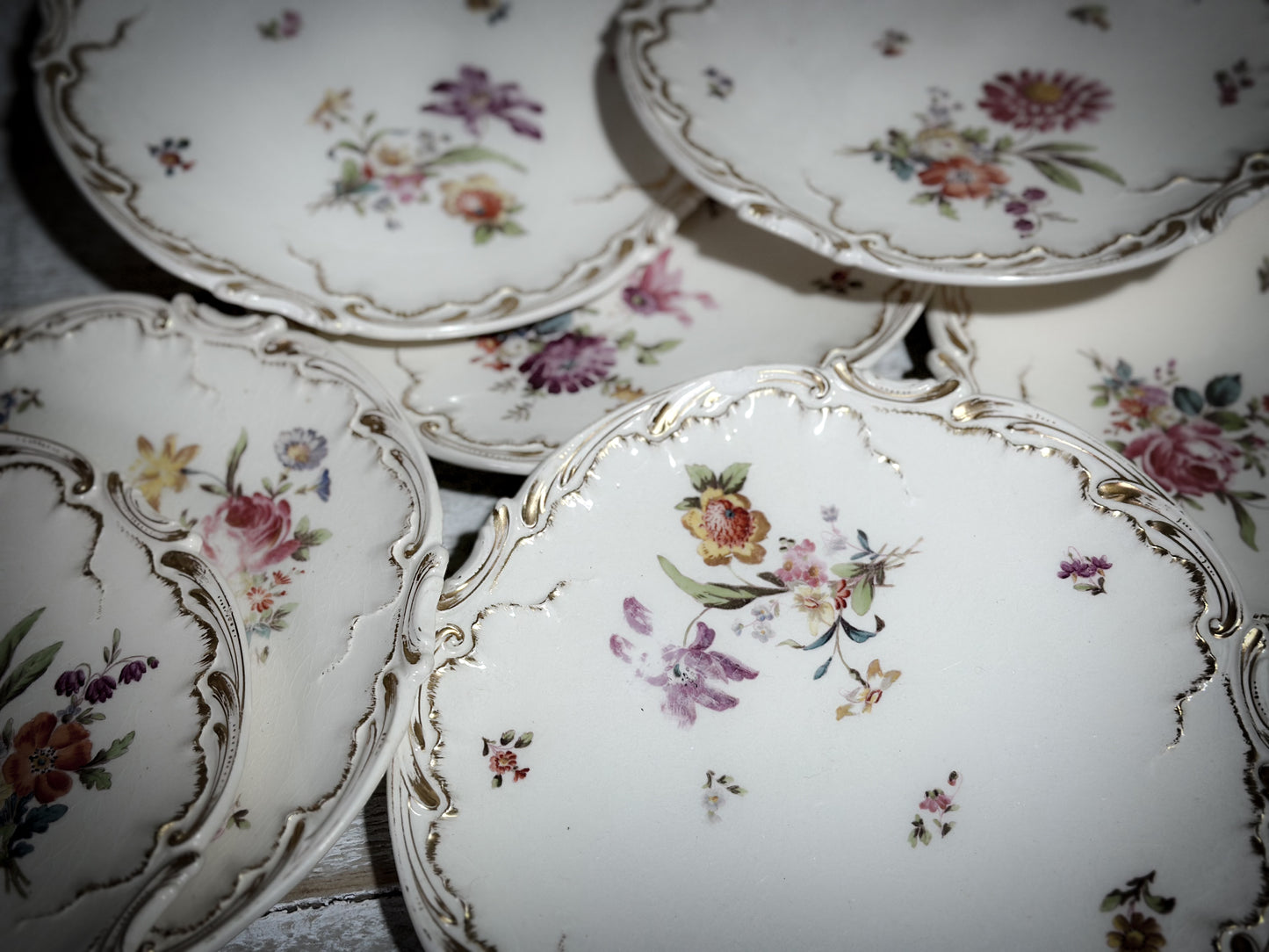 French Antique Sarreguemines Hand painted Floral Salad Plates