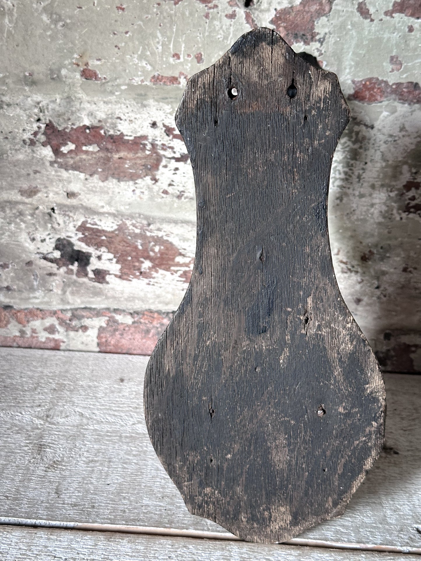 Antique Hand-Forged Wrought Iron Wall Bracket | Folk Art Scrollwork Hook on Wooden Backplate