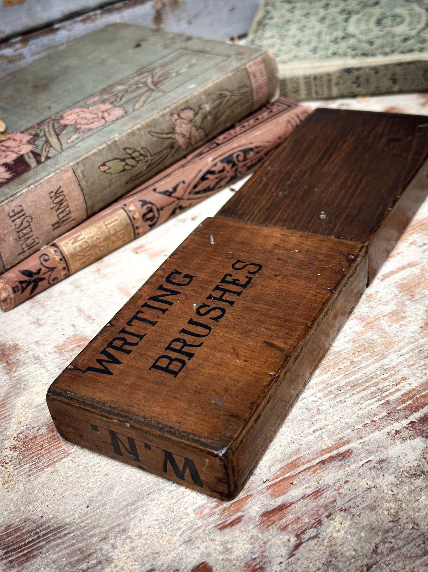 Antique Wooden Writing Brush Box – Hand-Painted Lettering | Typography & Stationery Collectors