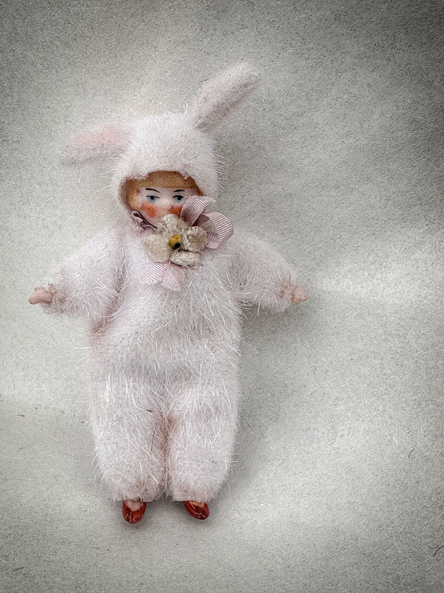 One of a Kind Handmade Artist Bunny Doll by Goody Two Shoes, Made from Victorian Bisque Doll, Miniature Collectible