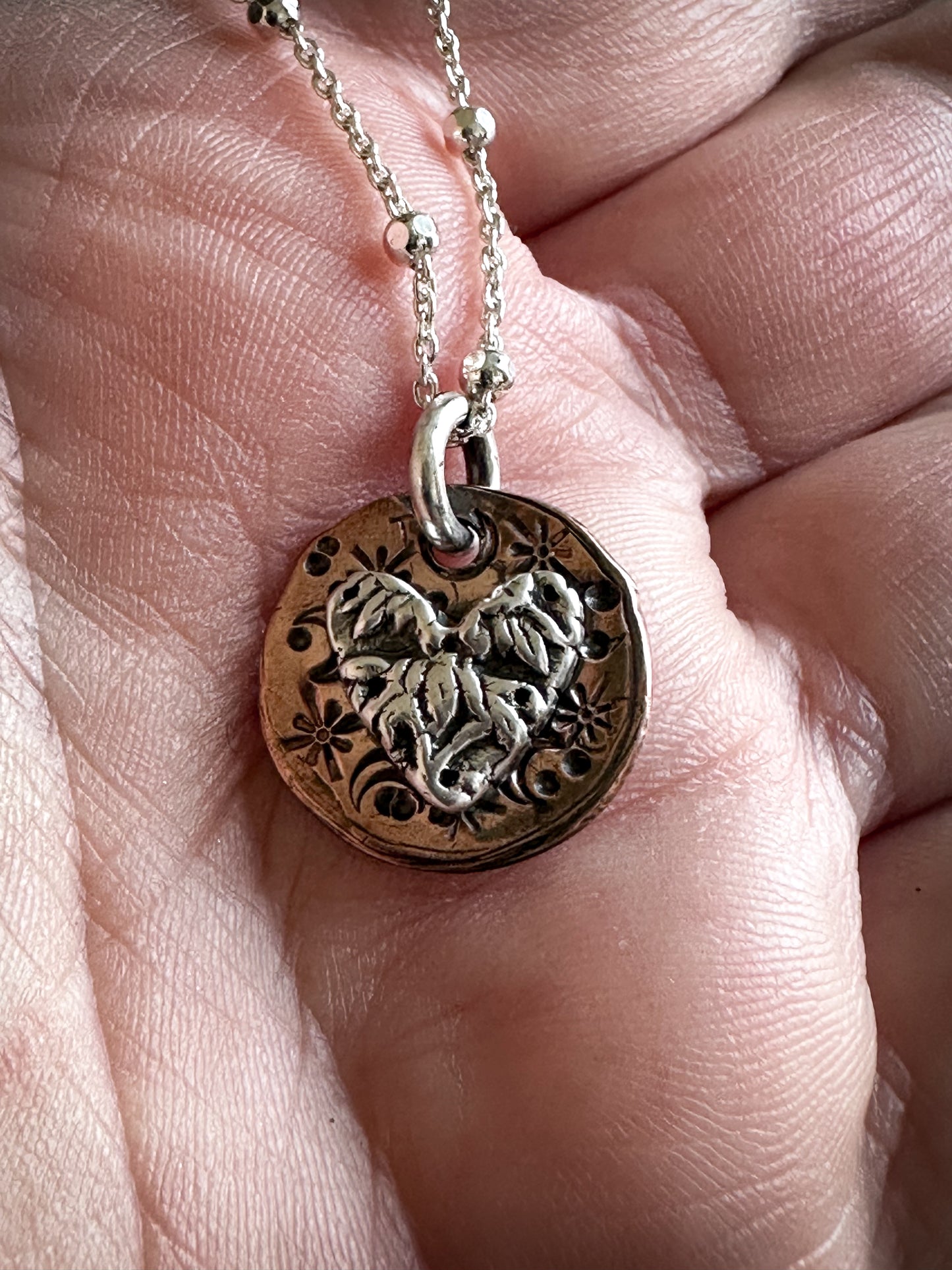 Moon Garden Heart Necklace – Fine Silver Wedgwood Sprig on Star-Stamped Copper