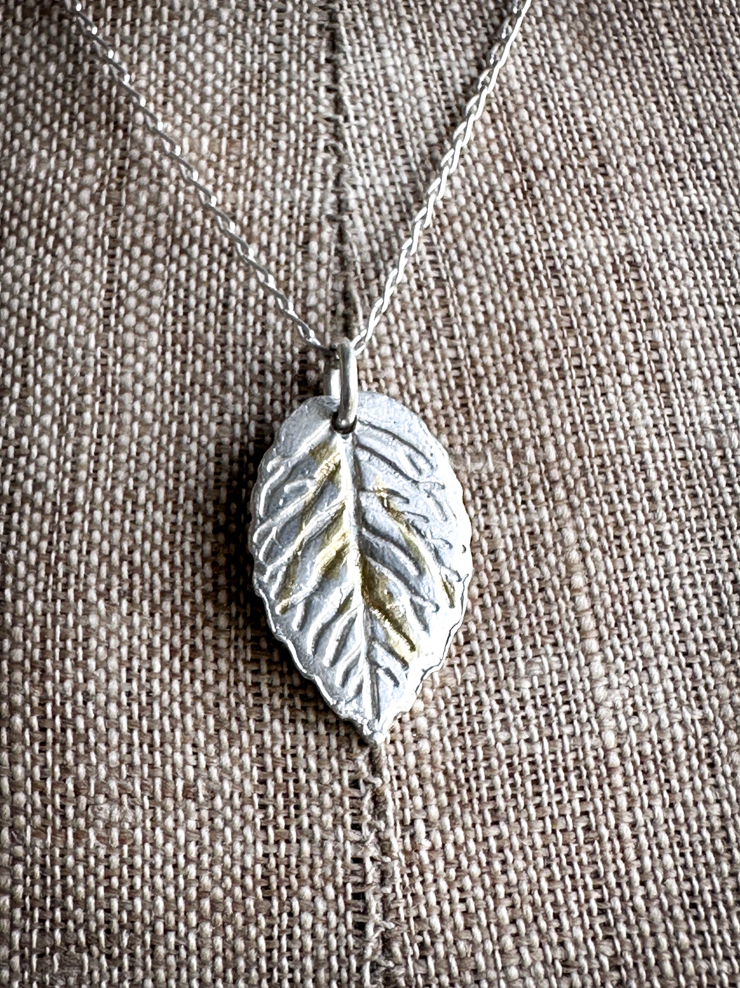 Sunlit Leaf Necklace – Fine Silver Leaf with Keum Boo Gold Detail