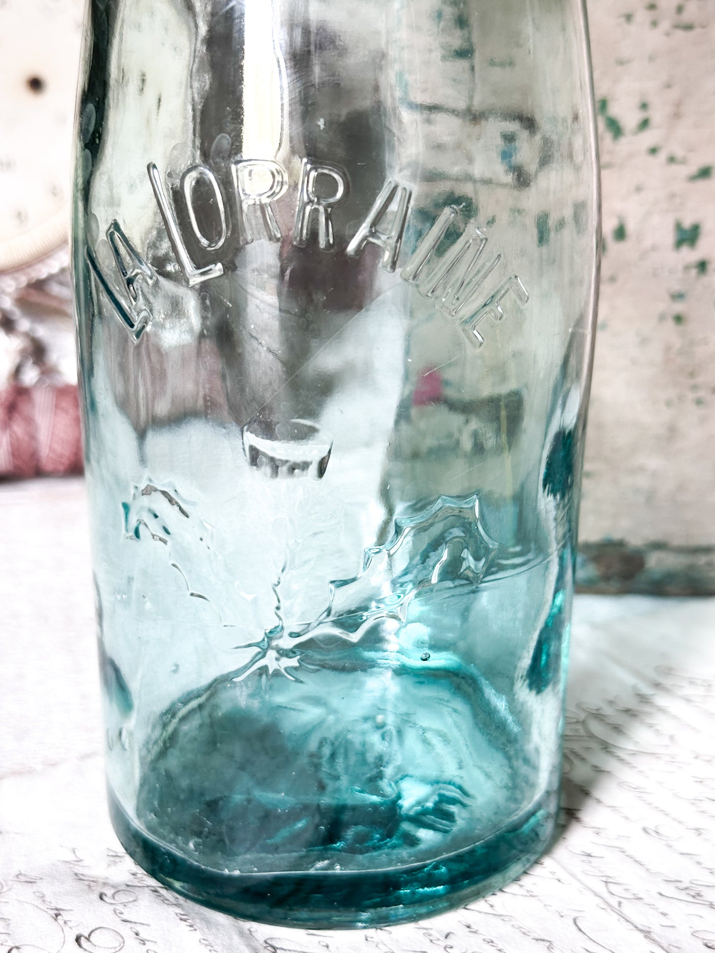 Vintage French Glass Jar – “La Lorraine” Aqua Storage Jar with Lid