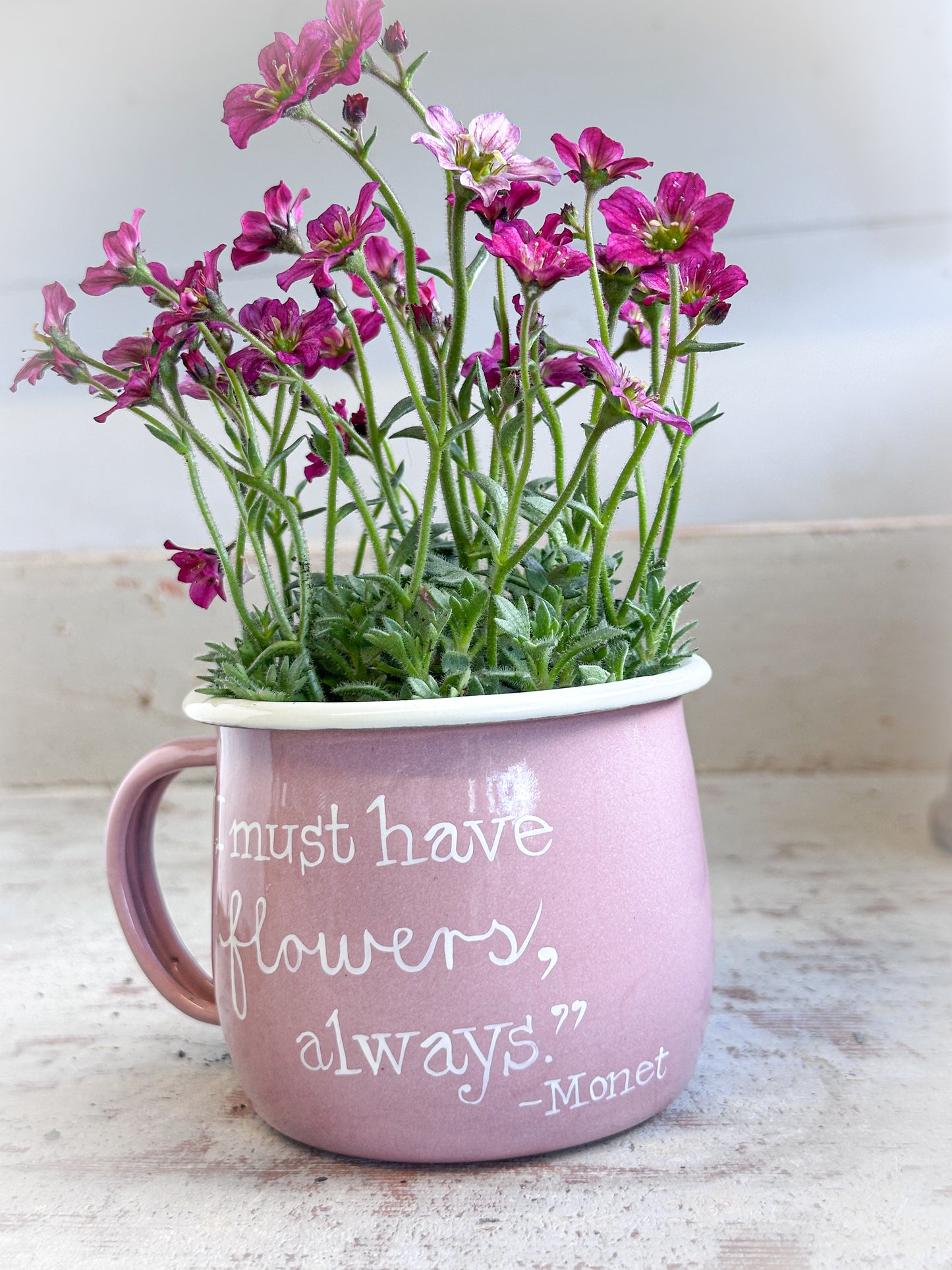 A Pink Enamel Belly Mug Planter “I Must Have Flowers” - Monet Quote