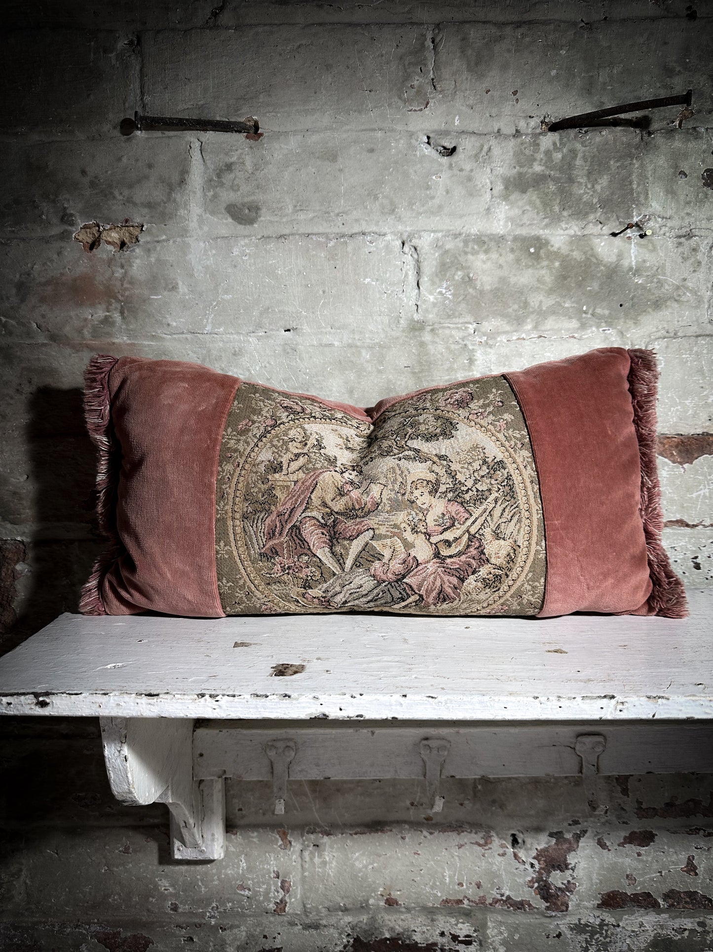 A Vintage Velvet Tapestry Fragonard Mini Bolster Cushion