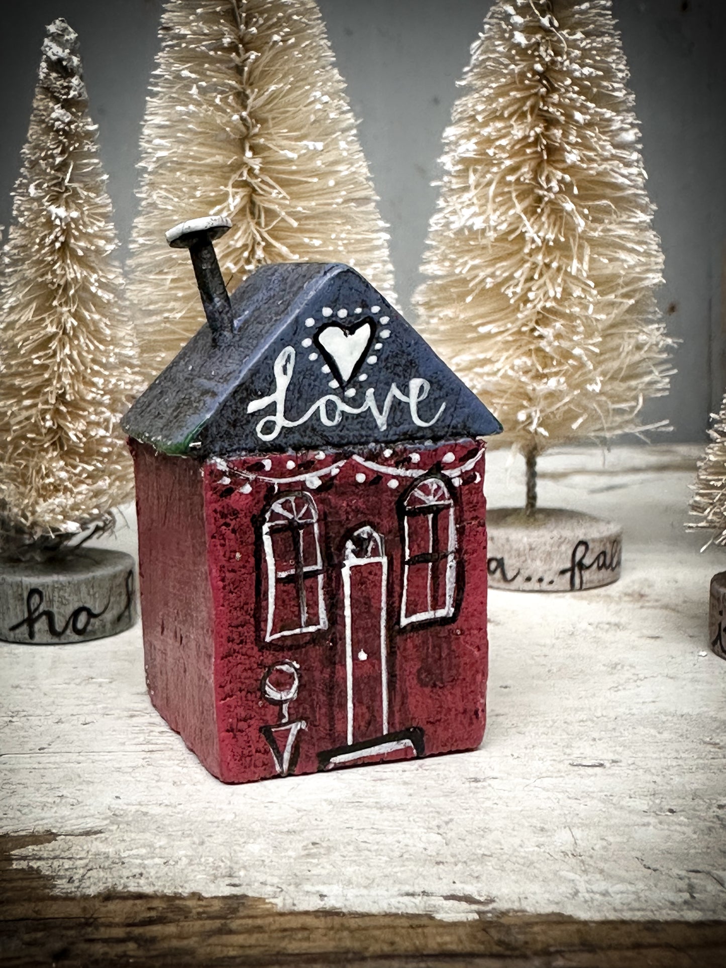 A mini Vintage German Erzgebirge Putz Wooden Village House “Love”