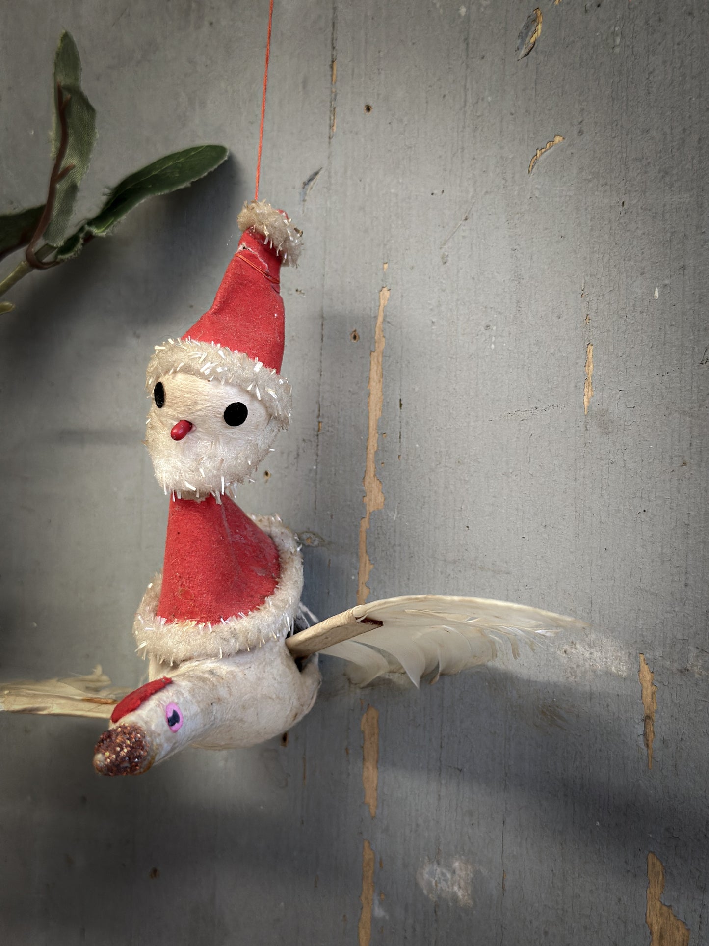 Mid-Century Japanese Flying Father Christmas Ornament – Spun Cotton & Feather Wings – c.1950s–60s