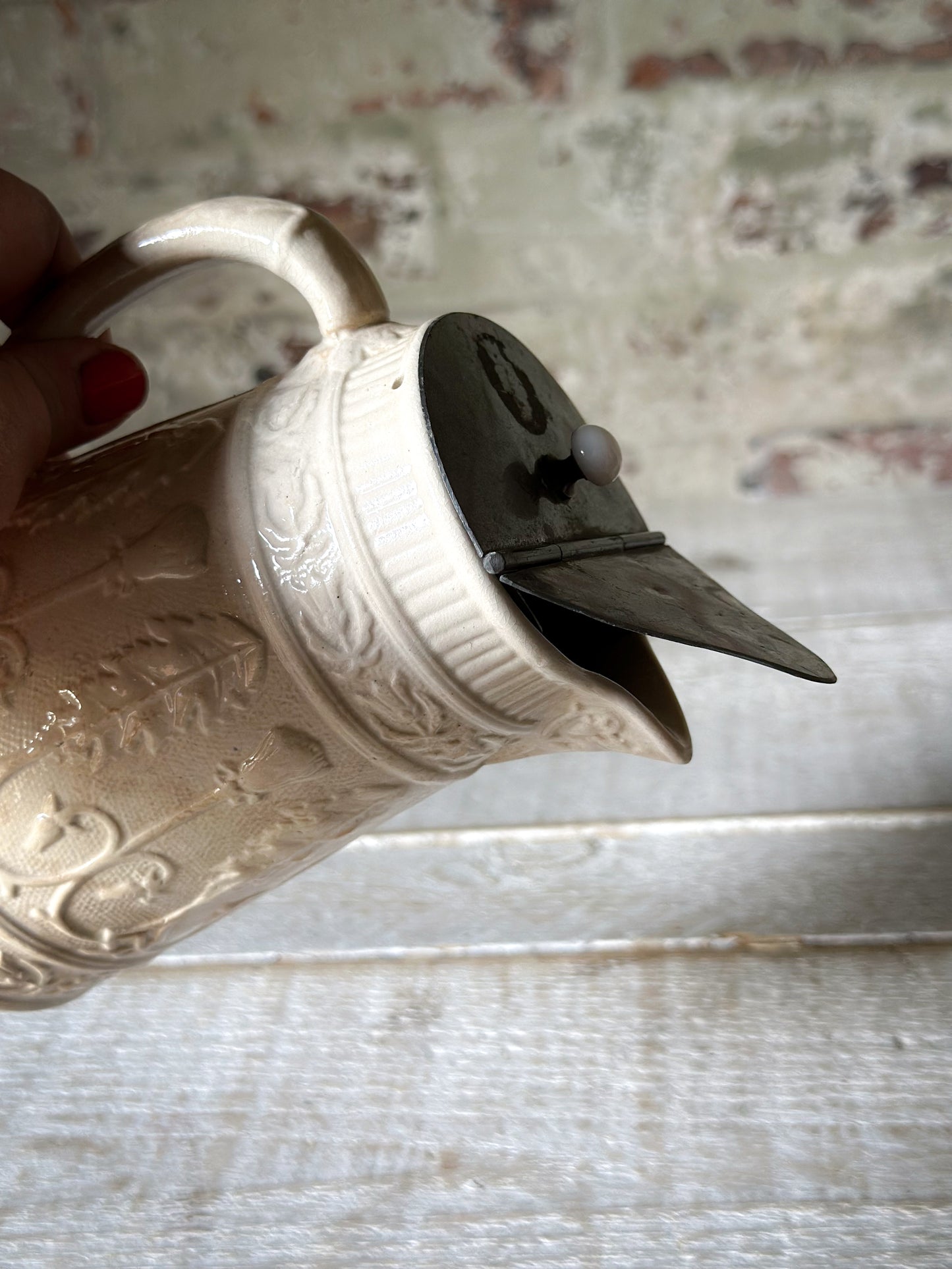 Antique Victorian Creamware Jug with Original Self-Closing Pewter Patent Lid