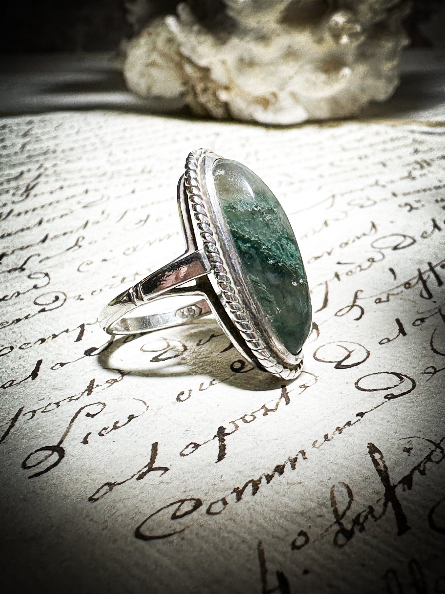 Vintage Hallmarked Silver Oval Moss Agate Ring