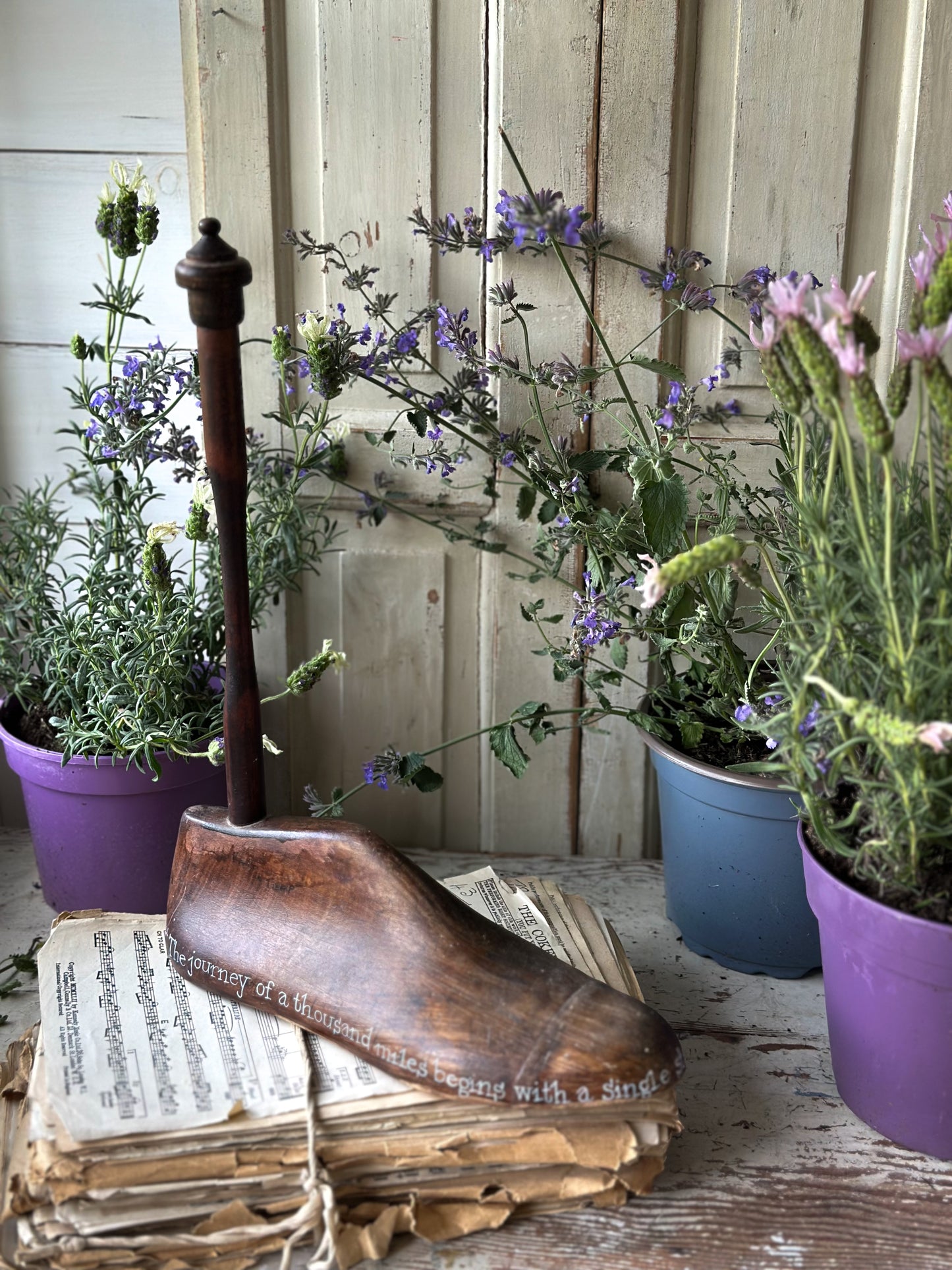 An antique wooden painted adult’s shoe last.