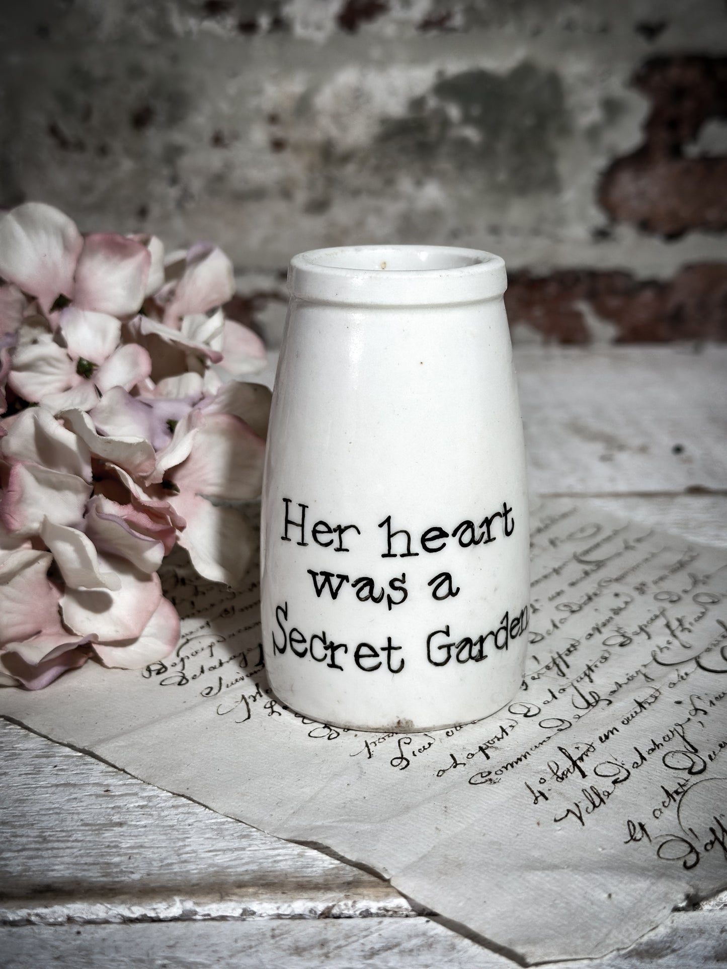 An Antique Creamery Vase Bottle with a Hand Painted Inspirational Quote