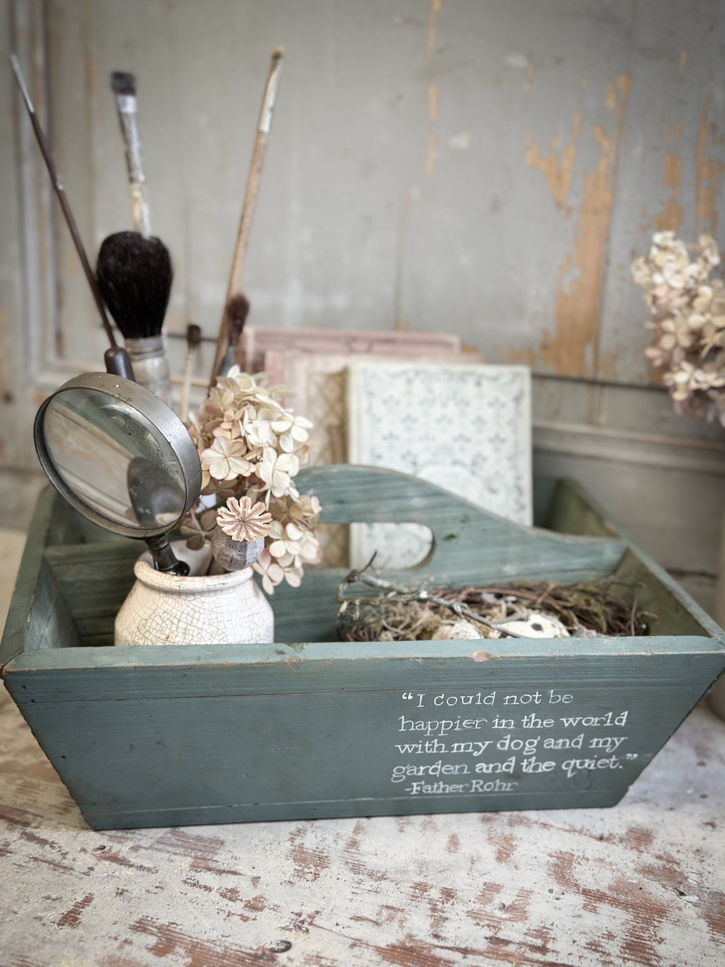 A Vintage Chippy Paint Wooden Trug With Garden Quote