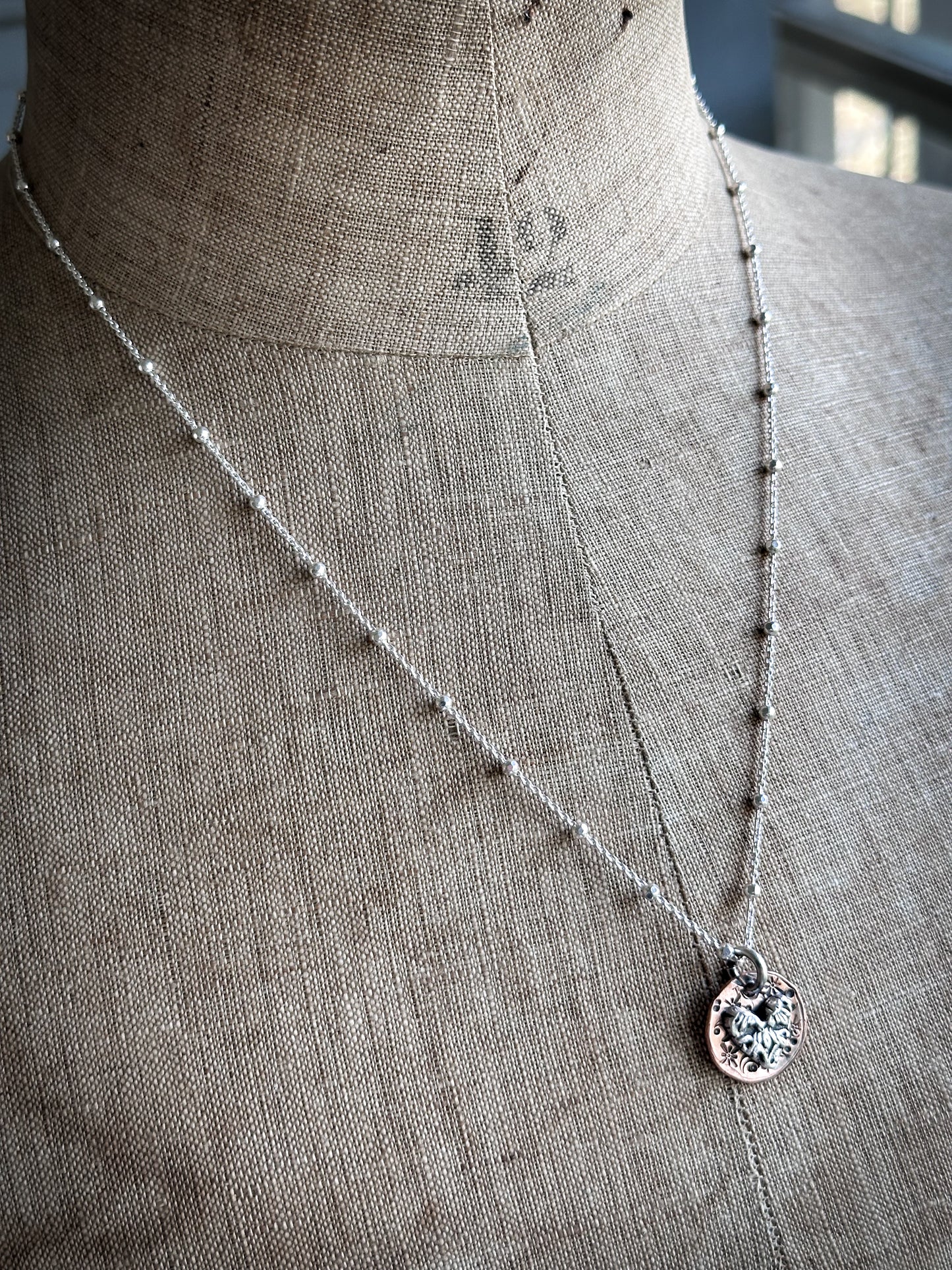 Moon Garden Heart Necklace – Fine Silver Wedgwood Sprig on Star-Stamped Copper