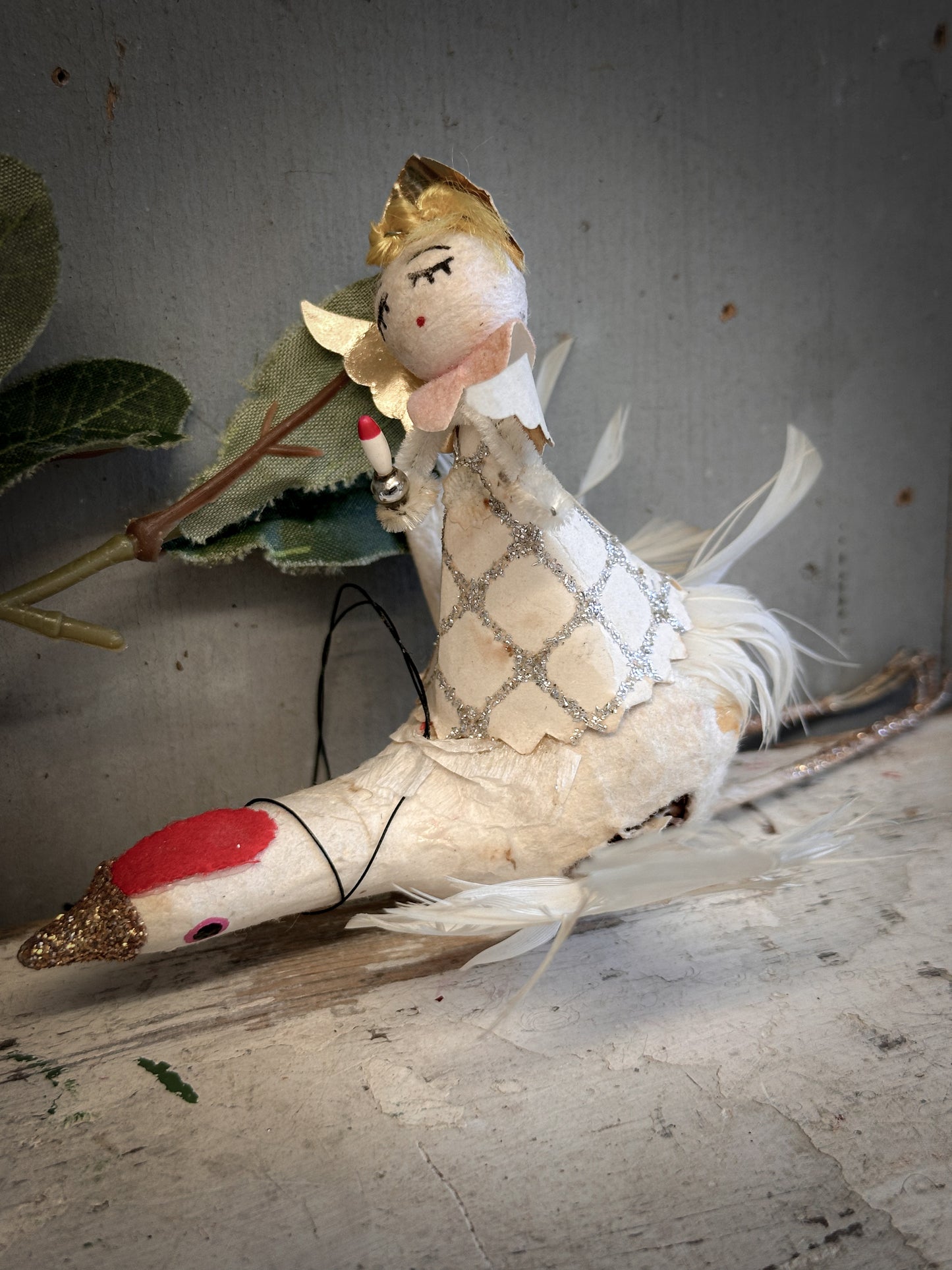 Mid-Century Japanese Spun-Cotton Angel Riding a Goose – Feather Wings & Mica Glitter – c.1950s–60s
