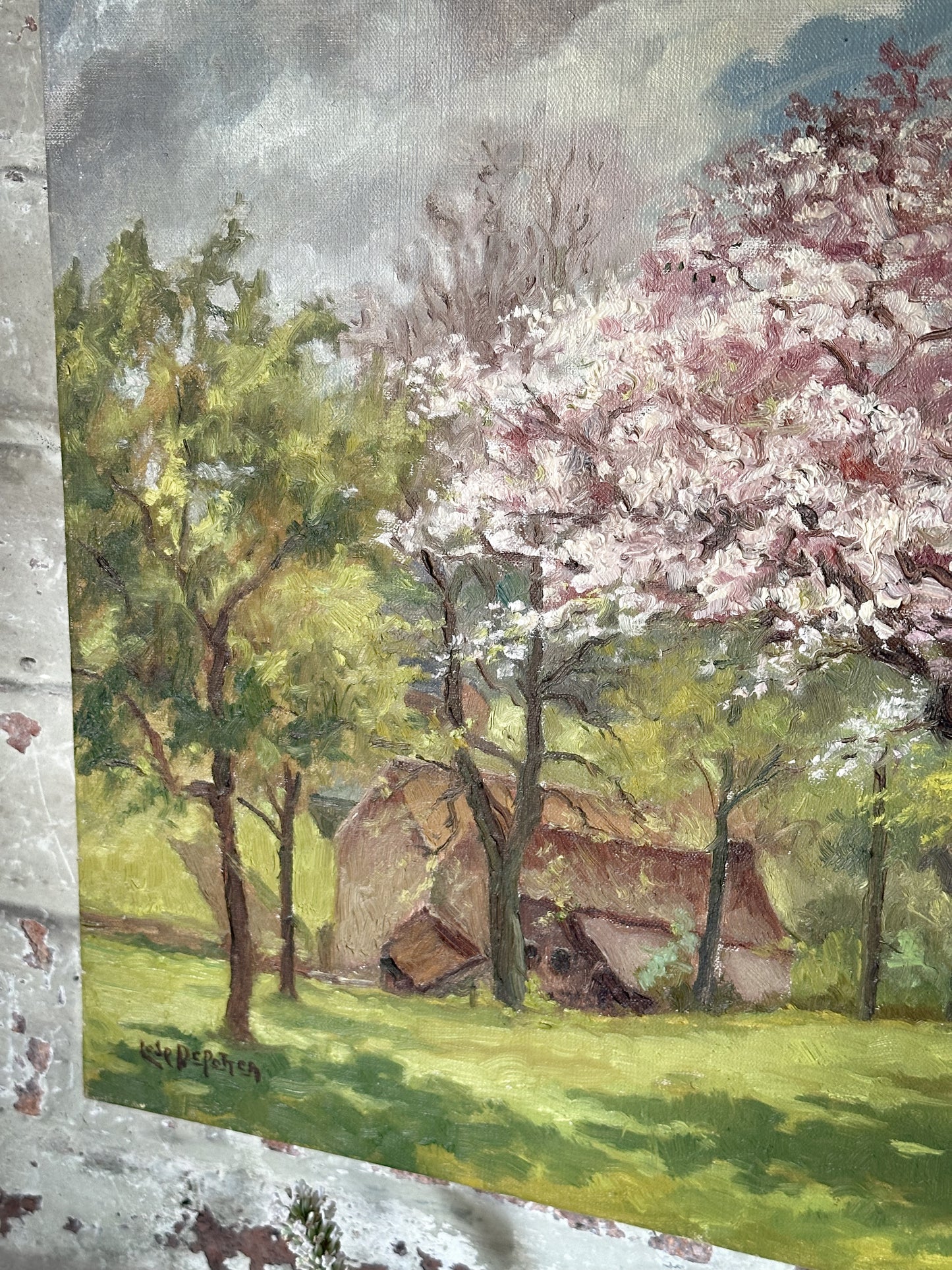 A lovely French Vintage oil on canvas painting of a Spring landscape