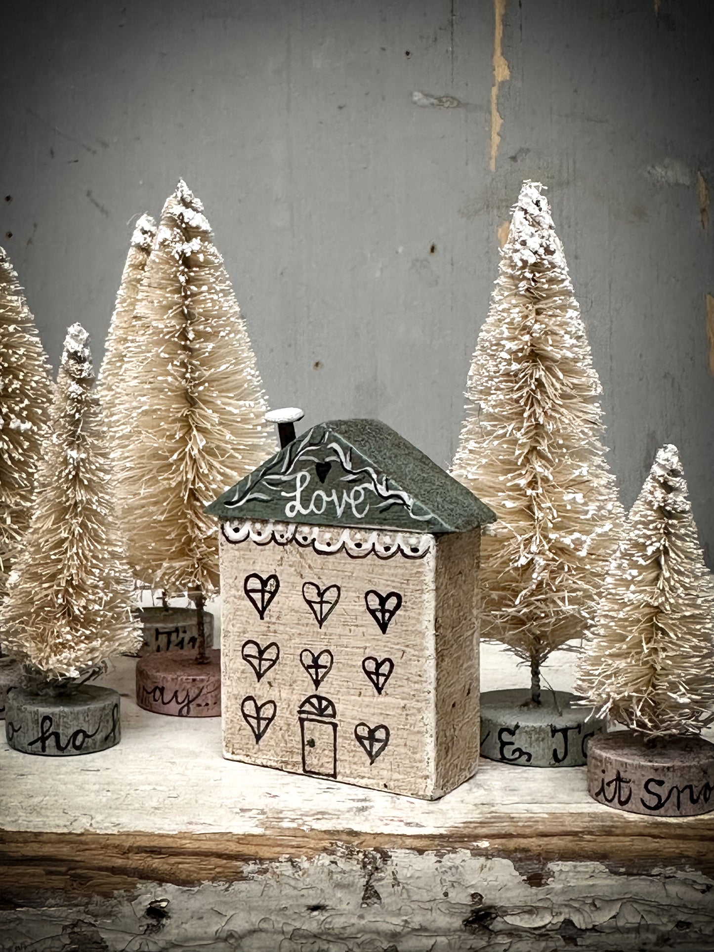 A Large Vintage German Erzgebirge Putz Wooden Village House “Love”