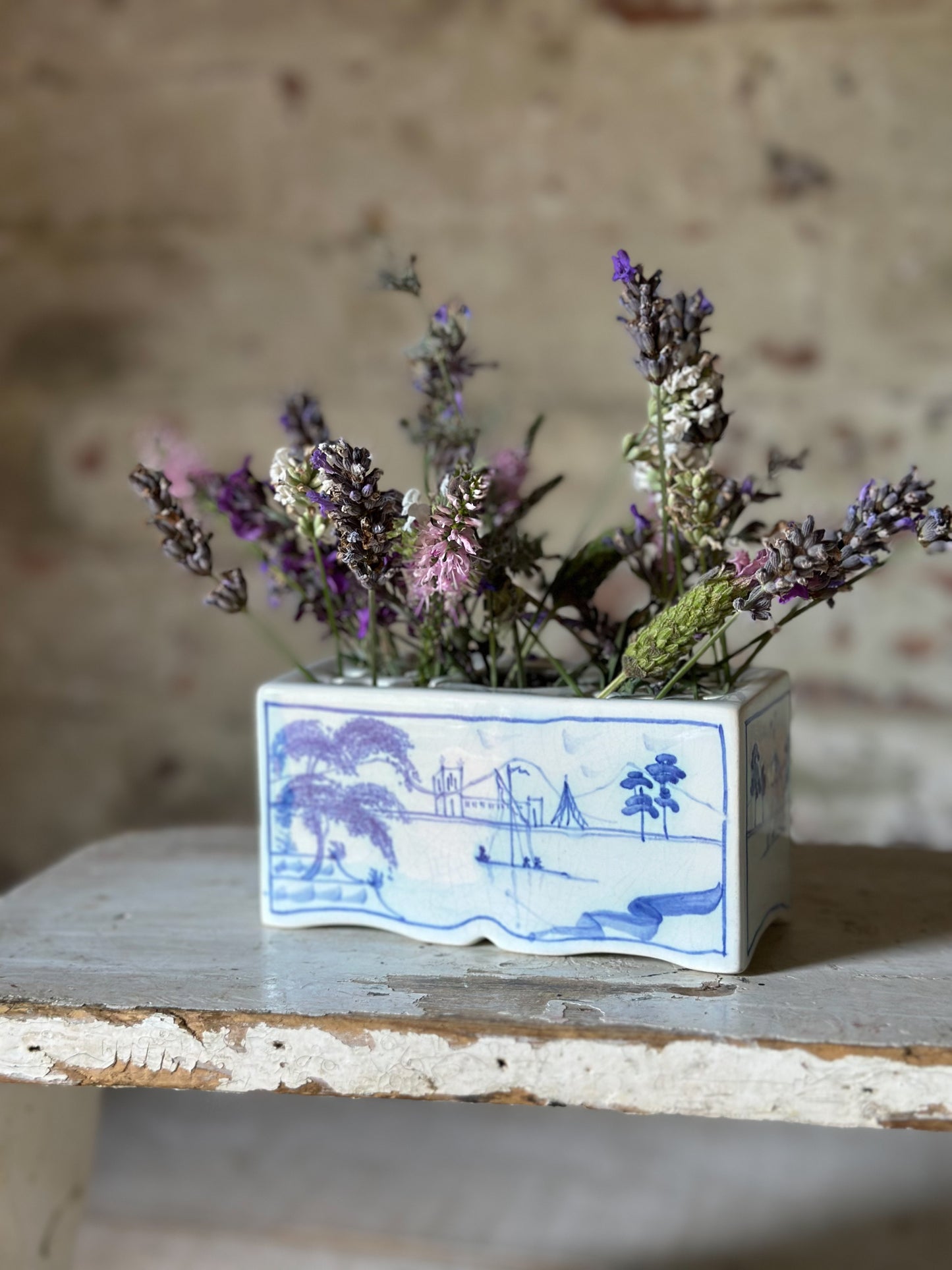 A beautiful Isis by Deborah seers Oxford, blue and white flower brick, tulipiere, flower frog, blue and white tin glaze vase