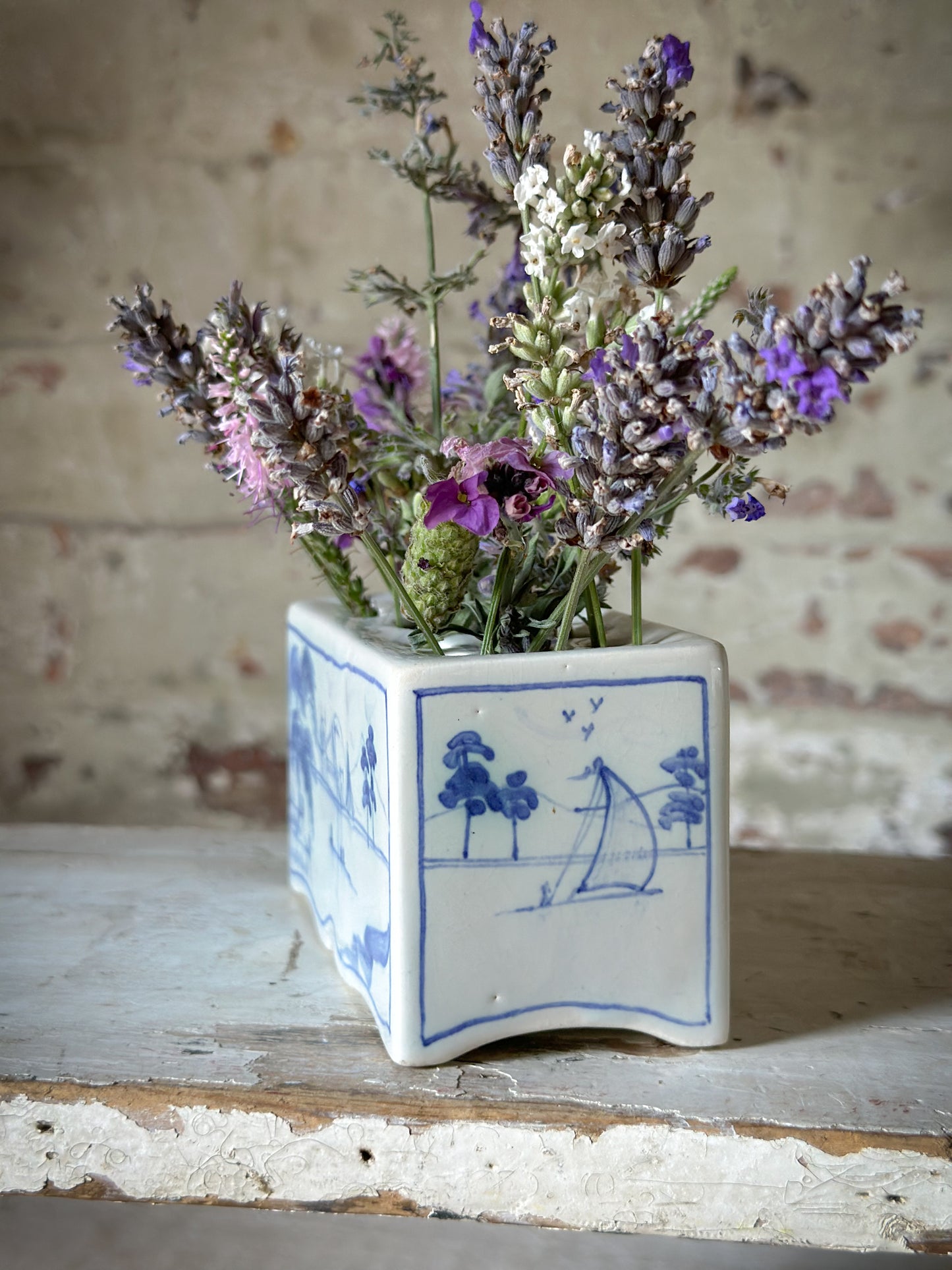 A beautiful Isis by Deborah seers Oxford, blue and white flower brick, tulipiere, flower frog, blue and white tin glaze vase