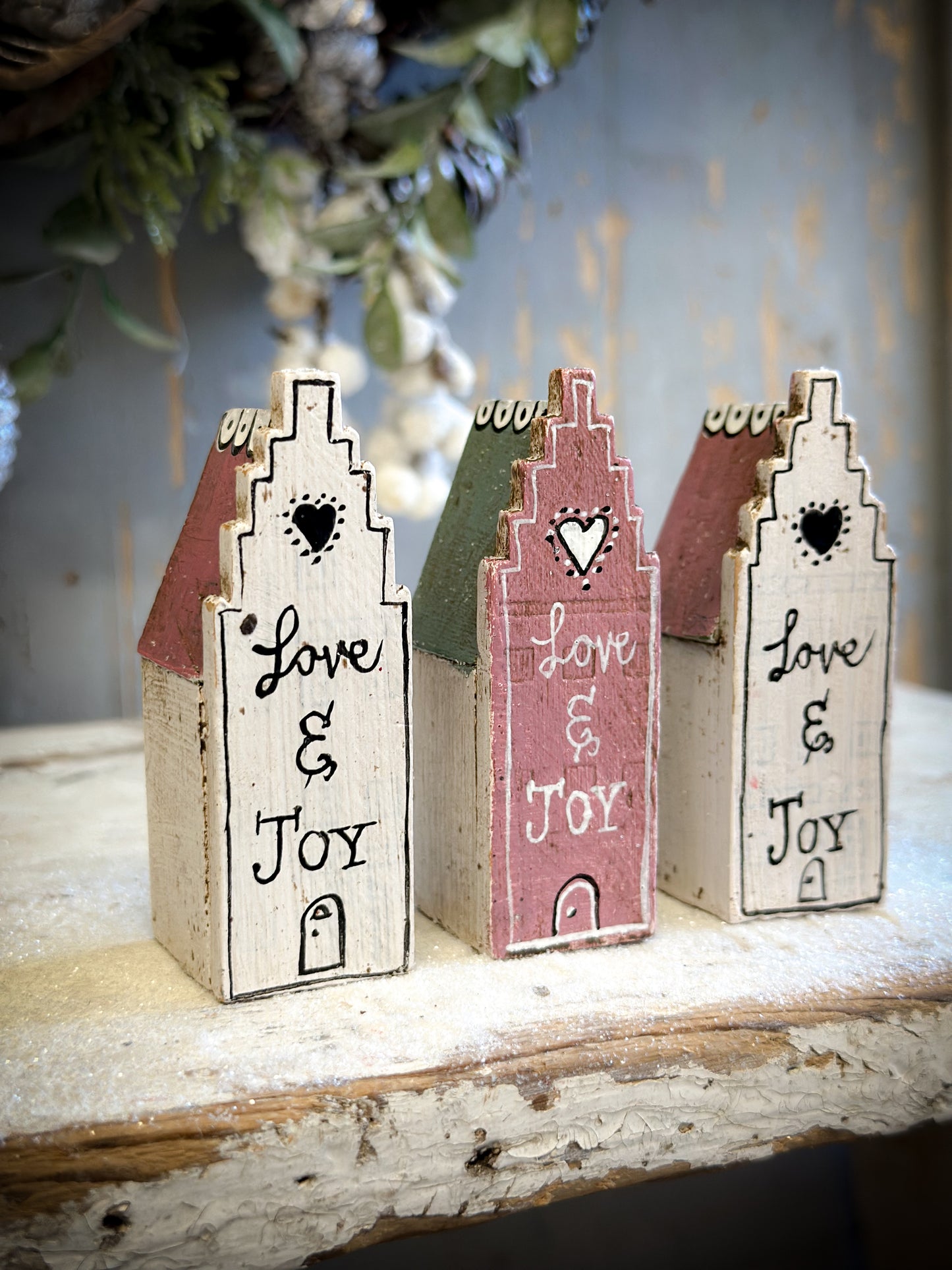 A Pretty Vintage German Erzgebirge Putz Wooden Village House “Love & Joy” White