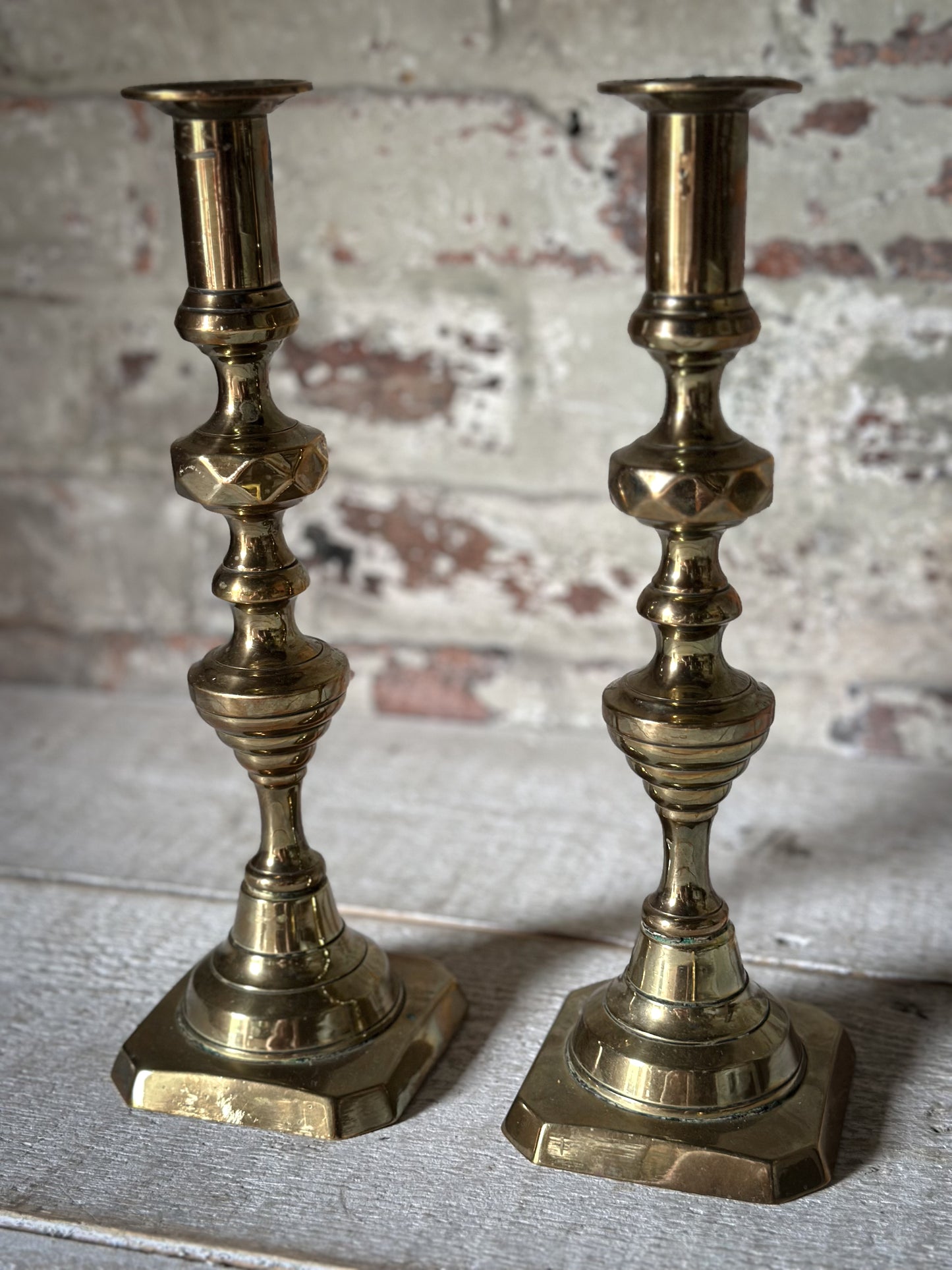 Pair of Antique Brass Push-Up Candlesticks | Victorian Edwardian Ejector Candlesticks | 30cm Tall