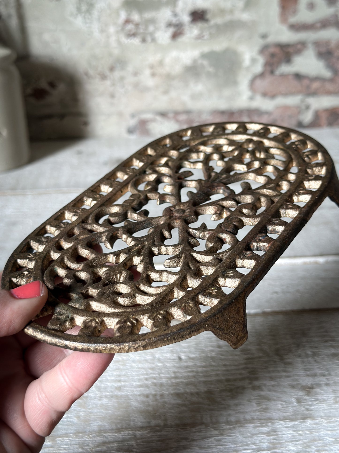 Antique Victorian Cast Iron Trivet with Gilt Decoration
