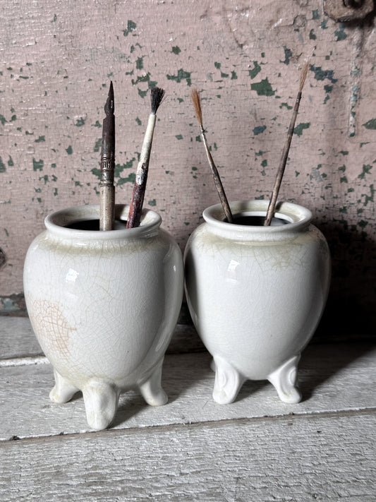 Pair of Antique White Ironstone Brush Pots – Crackle Glaze on Four Feet