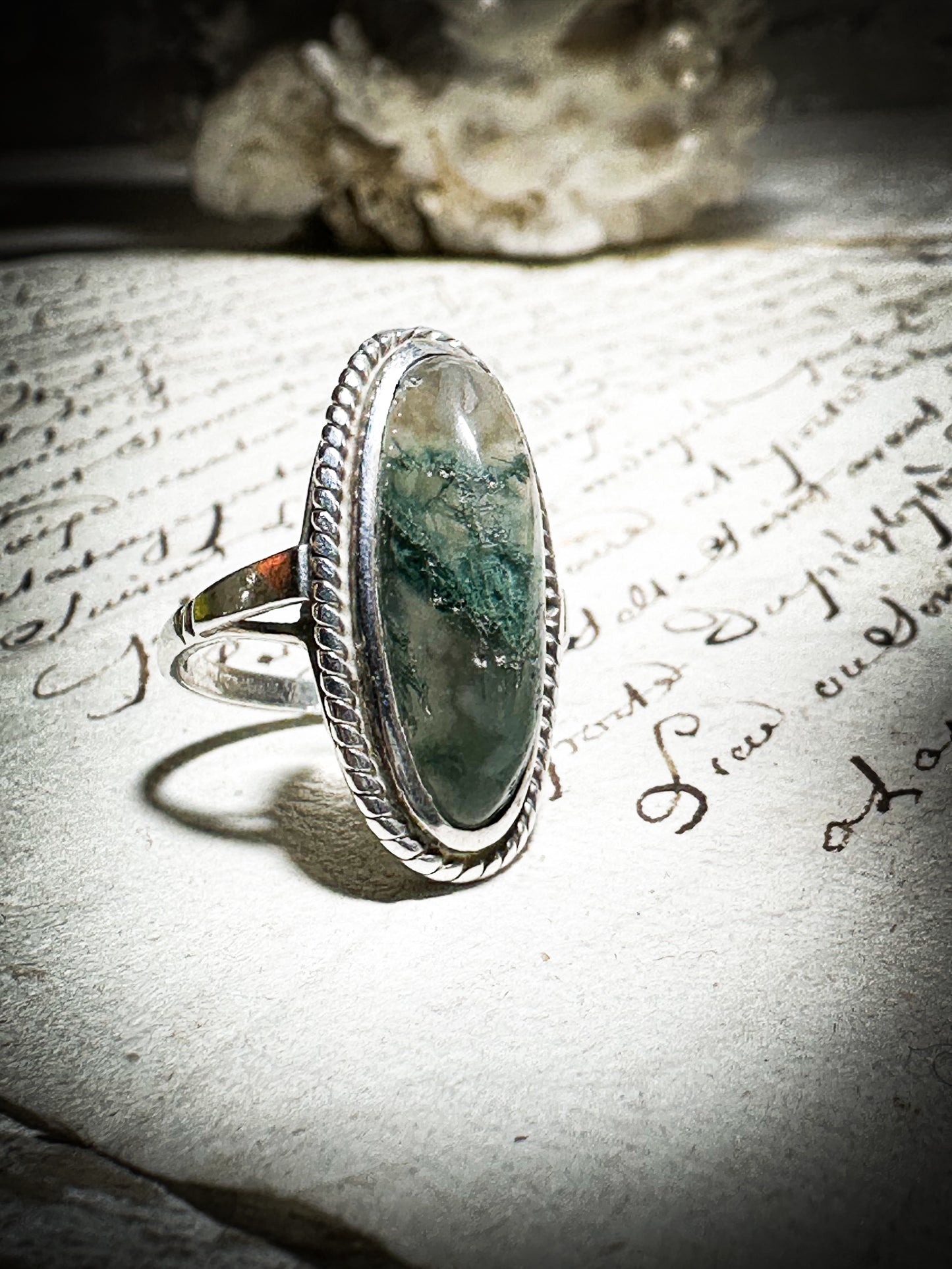 Vintage Hallmarked Silver Oval Moss Agate Ring