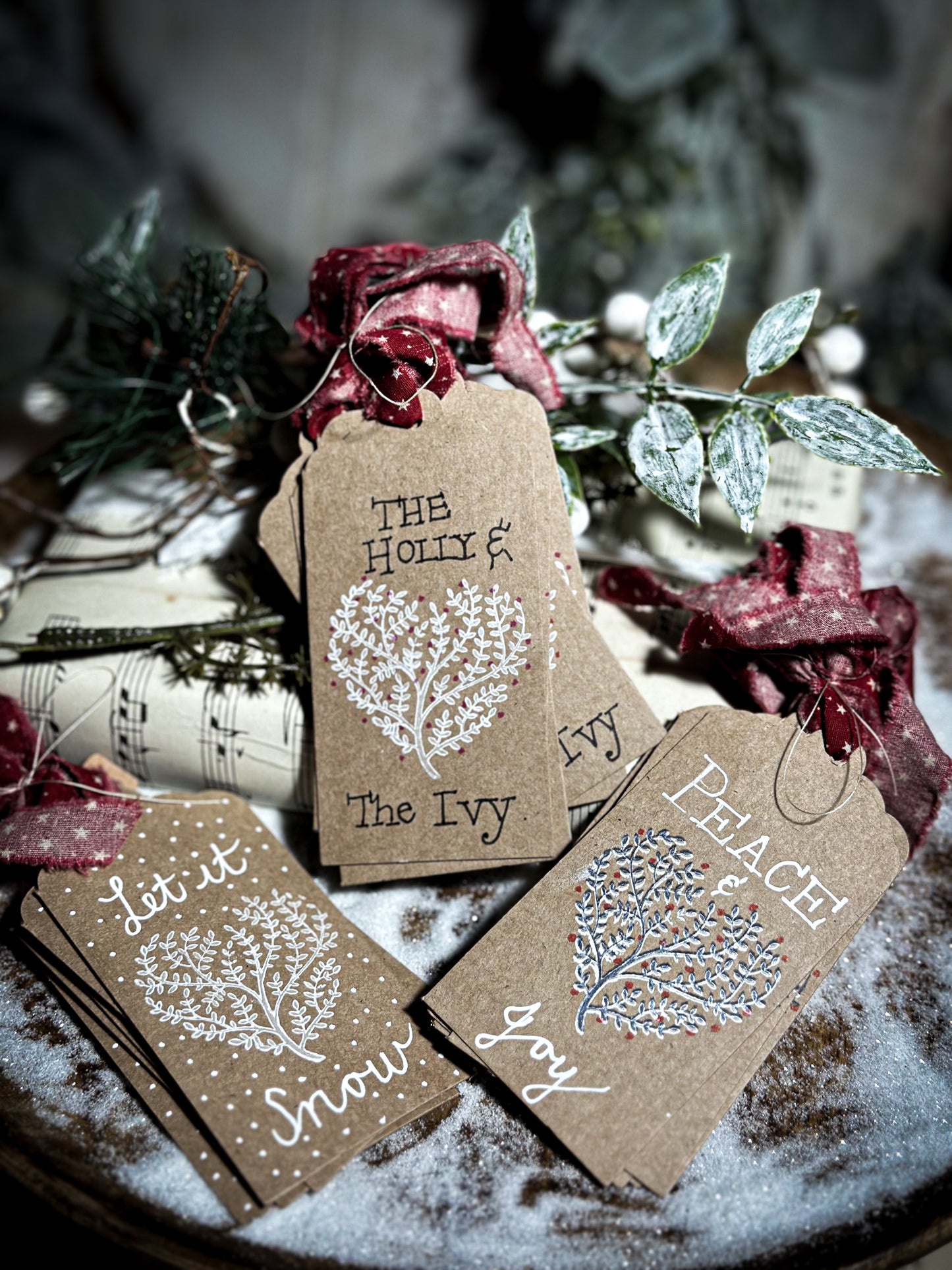 Pretty hand finished and illustrated gift tags with vintage French Fabric ties “Let it Snow”