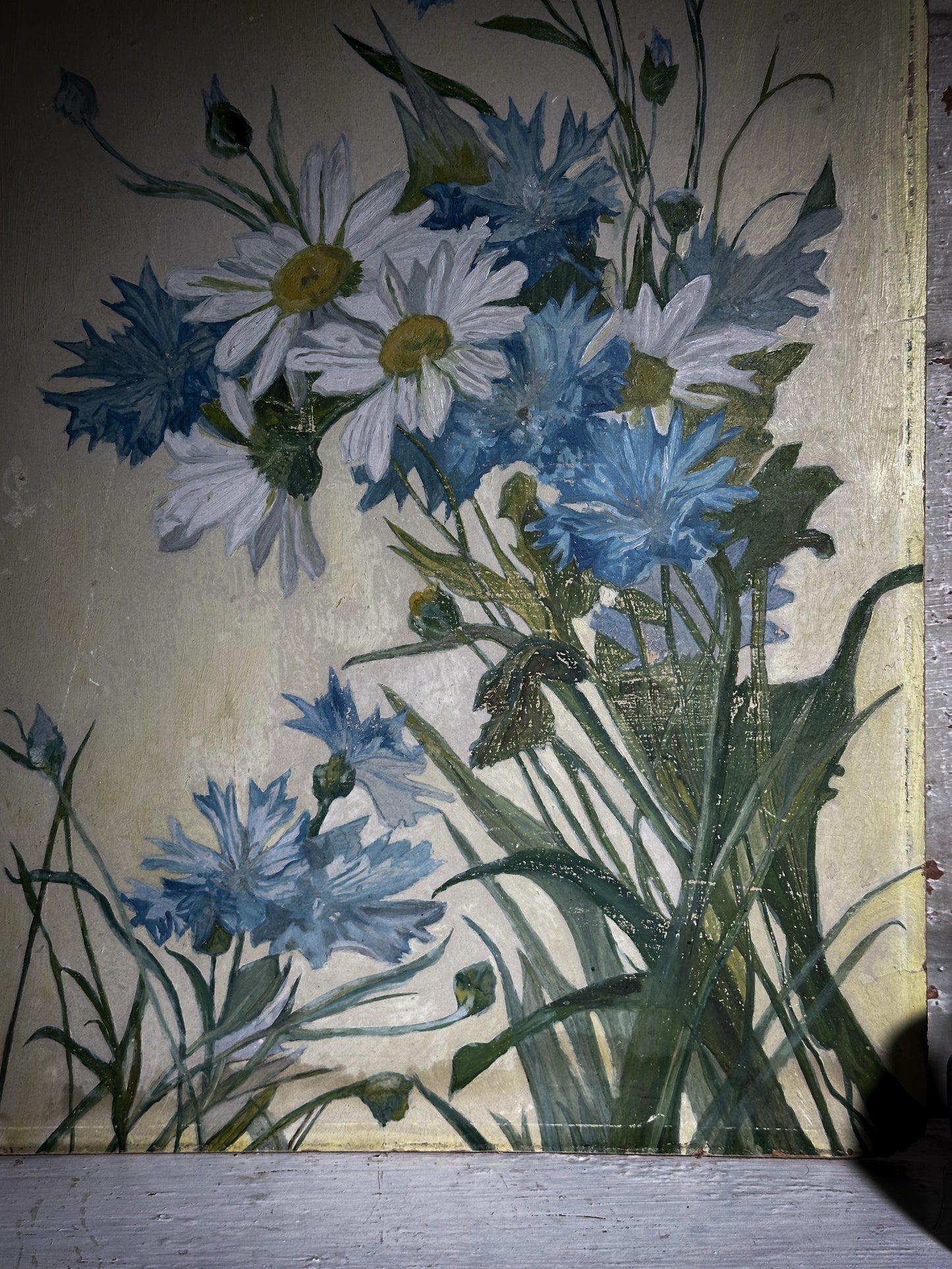 A Vintage oil on board painting of Daisies and Cornflowers