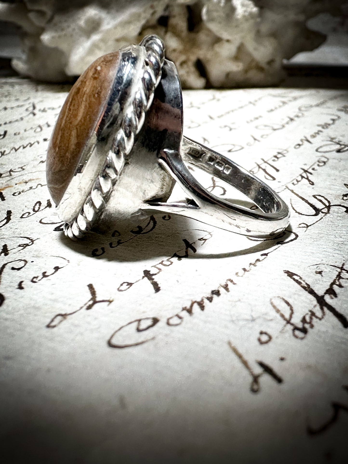 Vintage Hallmarked Silver Oval Moss Agate Ring