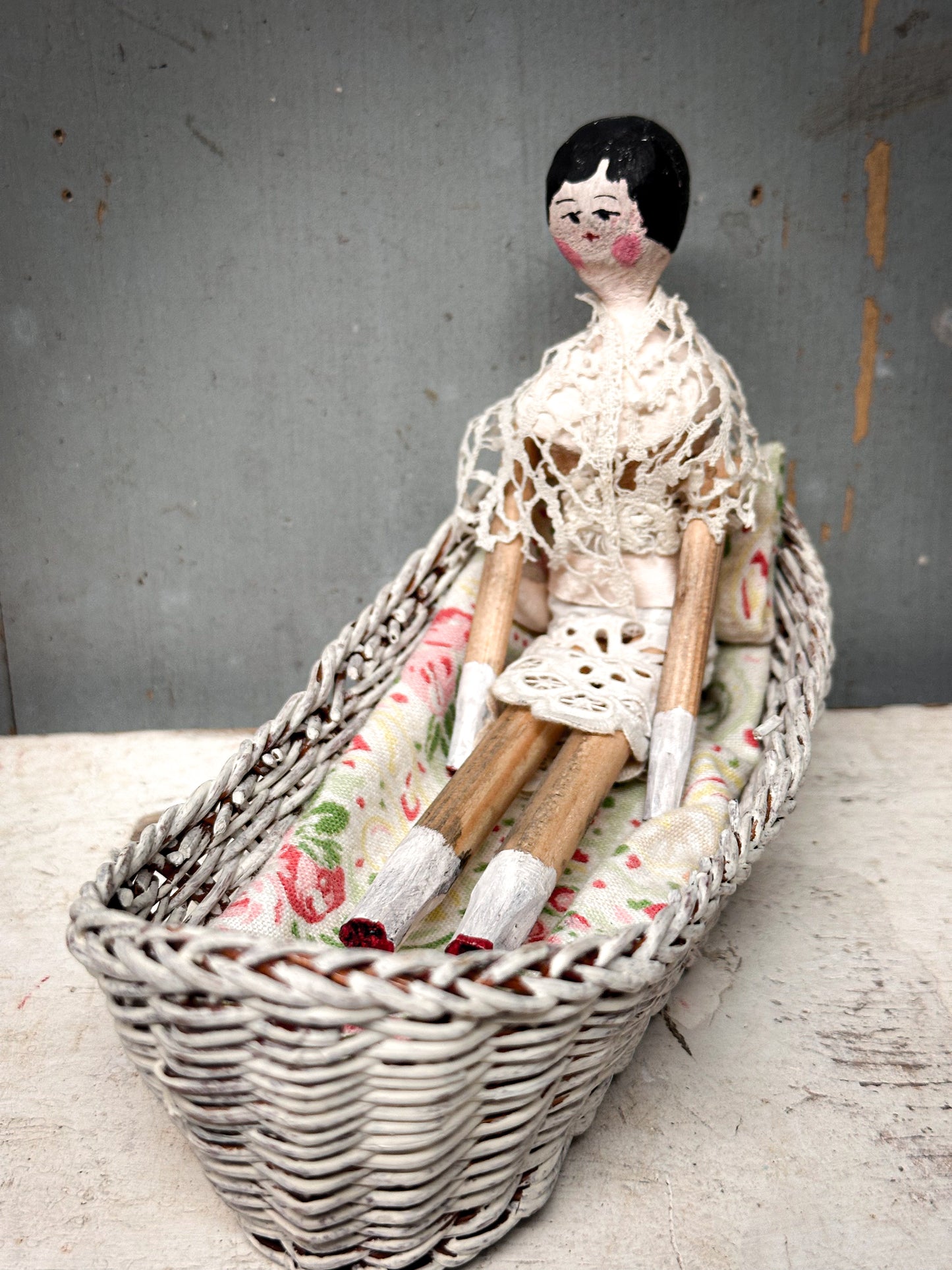 Antique Peg Doll / Grodnertal Doll with Wicker Crib