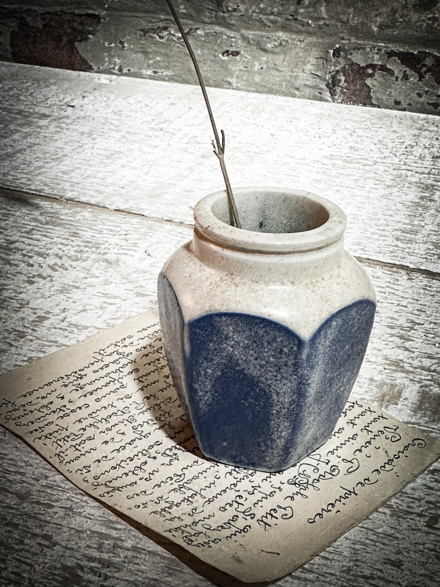 Antique Hexagonal Creamery Bottle with Blue Glaze