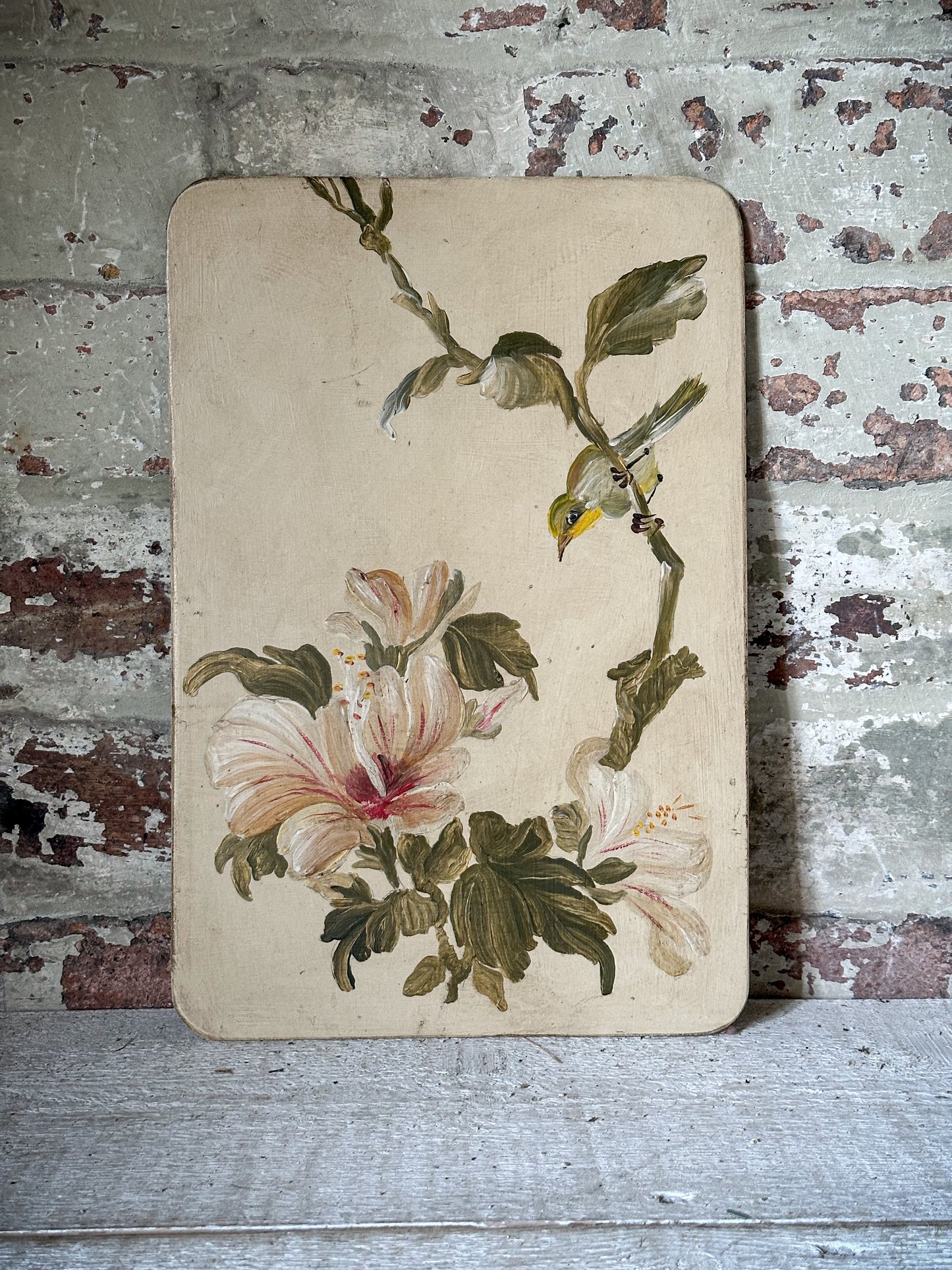 A Beautiful pair of Painted Panels with Hibiscus Flowers and Birds