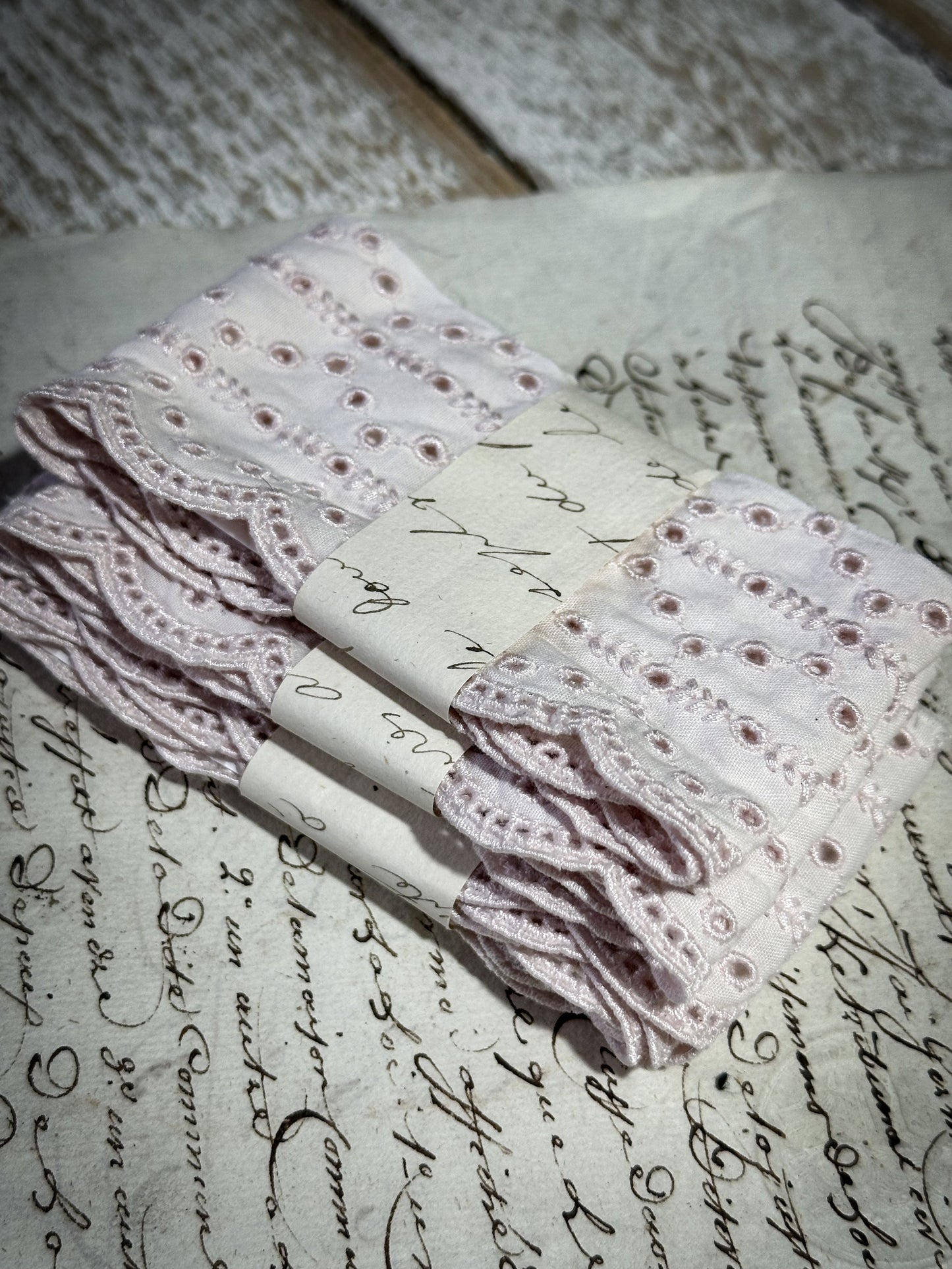 Reclaimed Pale Pink Broderie Anglaise lace Lengths