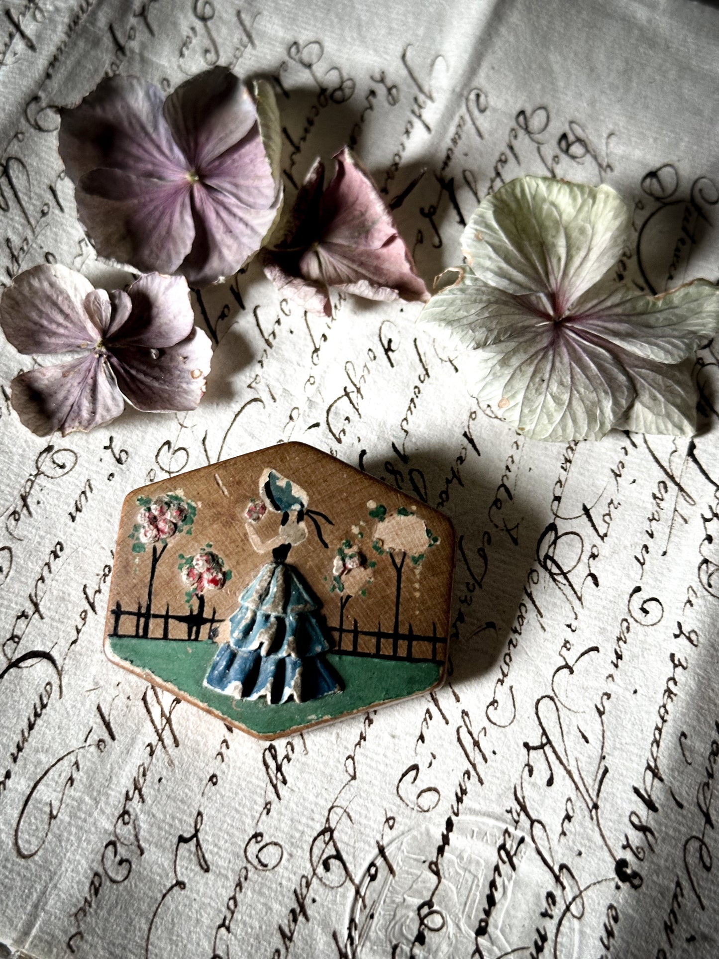 Pretty 1930’s carved wooden Crinoline lady hand painted brooch