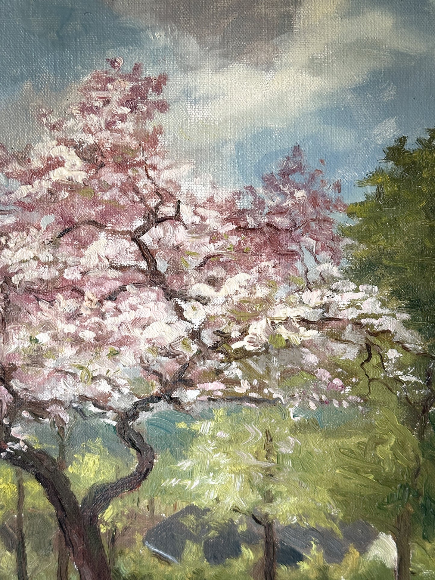 A lovely French Vintage oil on canvas painting of a Spring landscape