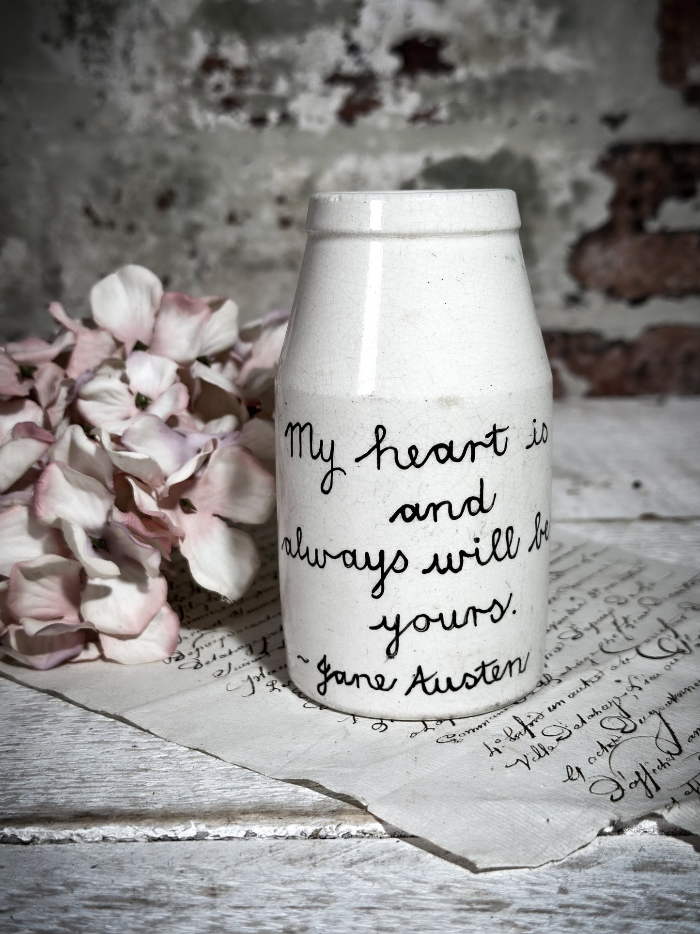 An Antique Creamery Vase Jar with a Hand Painted Inspirational Quote