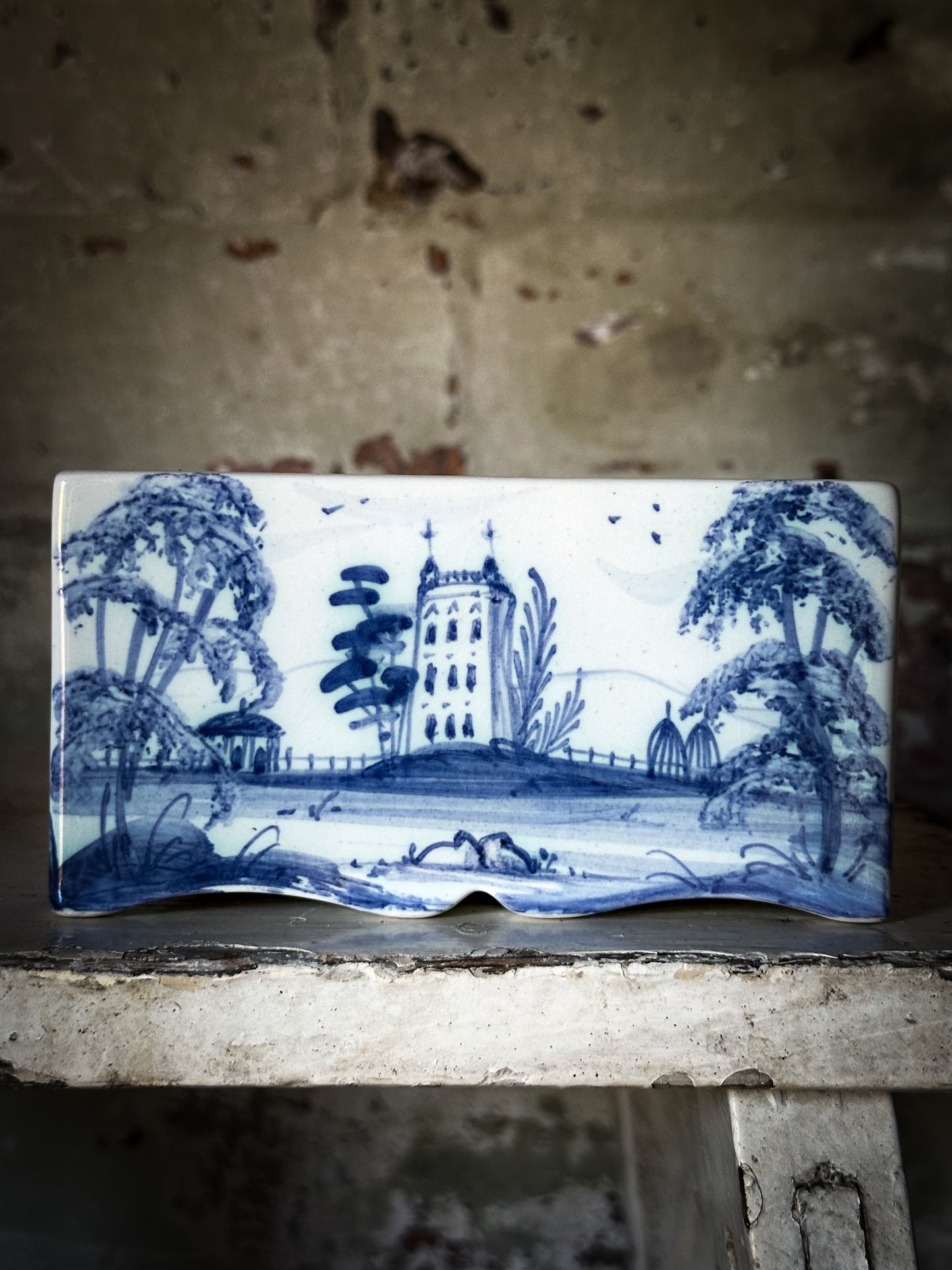 A beautiful Isis by Deborah seers Oxford, blue and white flower brick, tulipiere, flower frog, blue and white tin glaze vase