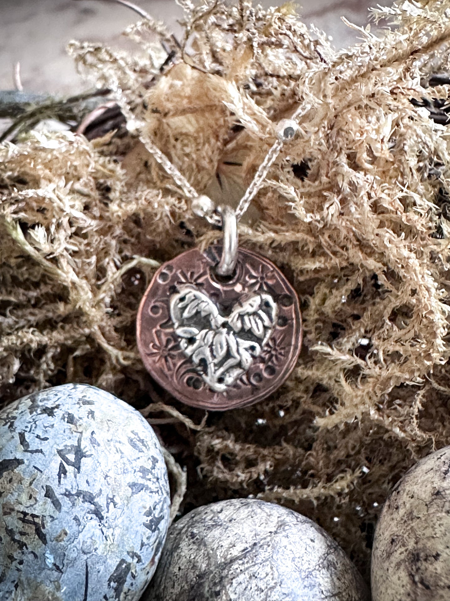 Moon Garden Heart Necklace – Fine Silver Wedgwood Sprig on Star-Stamped Copper