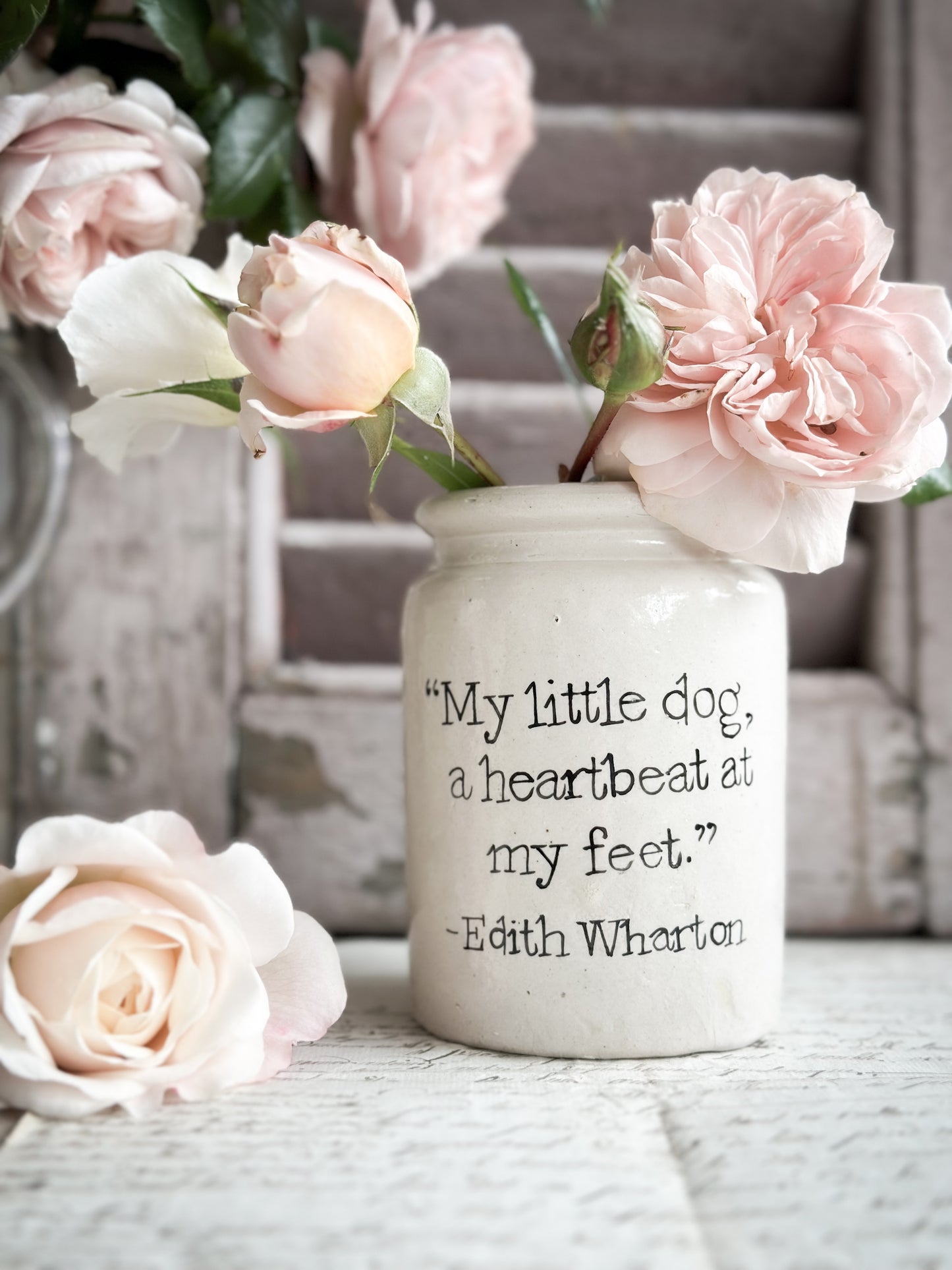 A Victorian unearthed  stoneware pottery Jar with a hand painted quote