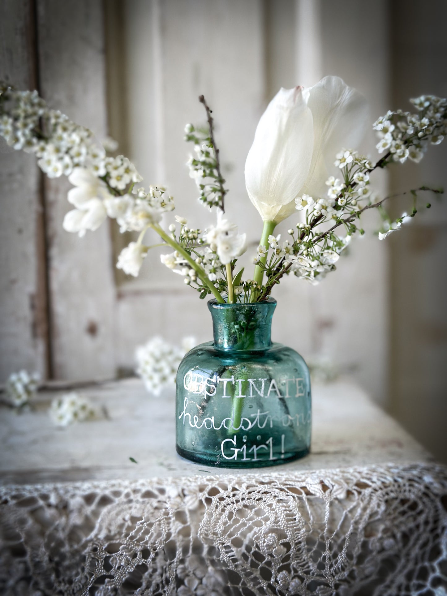 A beautiful Victorian glass ink bottle “Obstinate, headstrong girl”