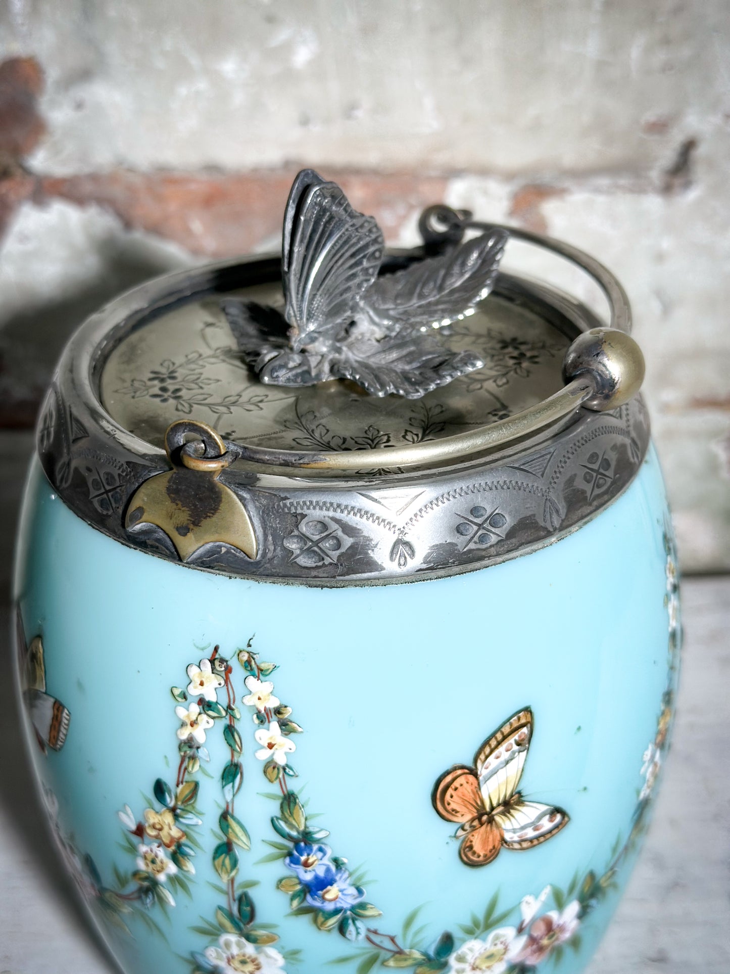 Antique lady’s Enamelled Milk Glass Boudoir Biscuit Barrel