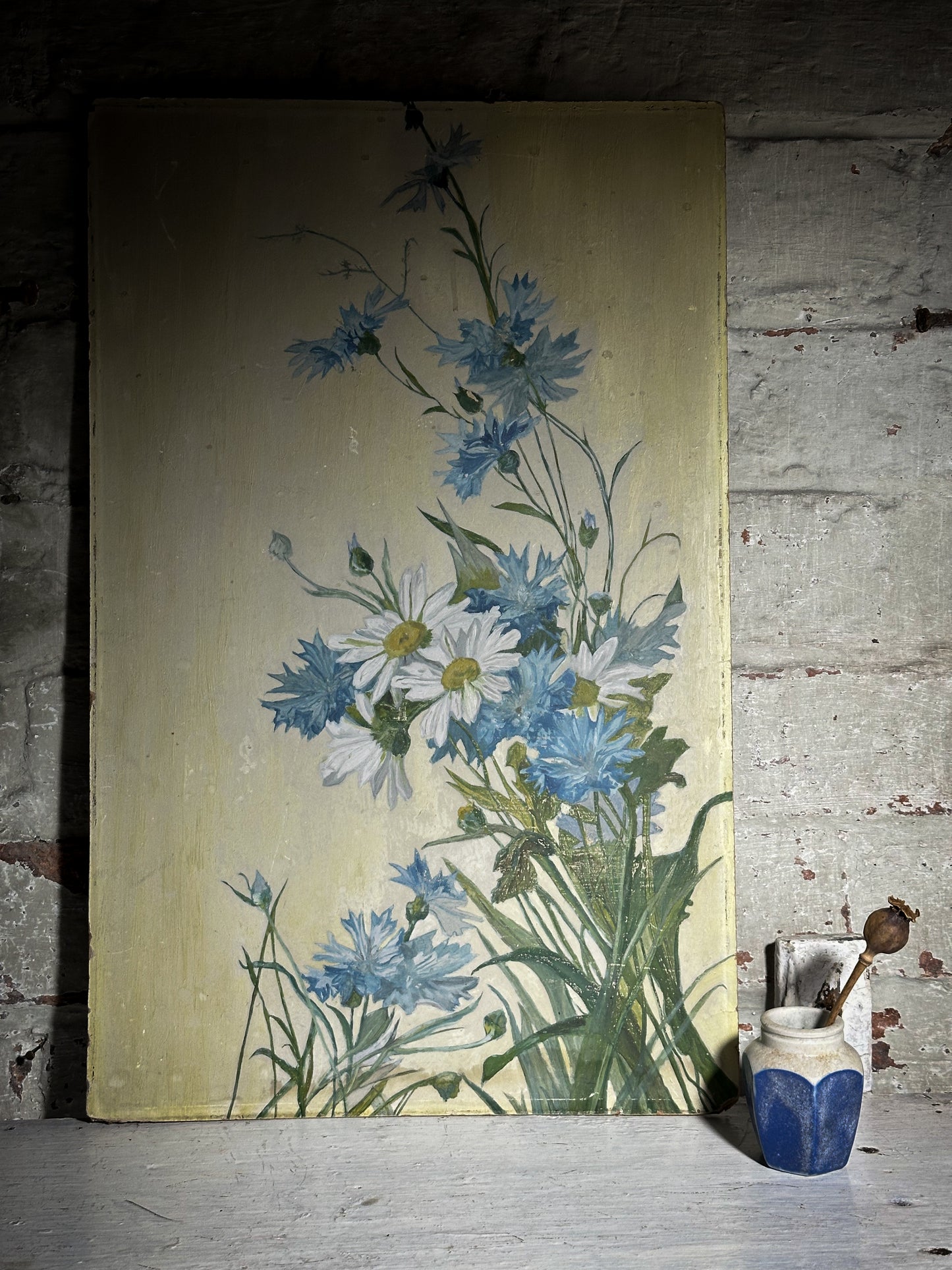 A Vintage oil on board painting of Daisies and Cornflowers