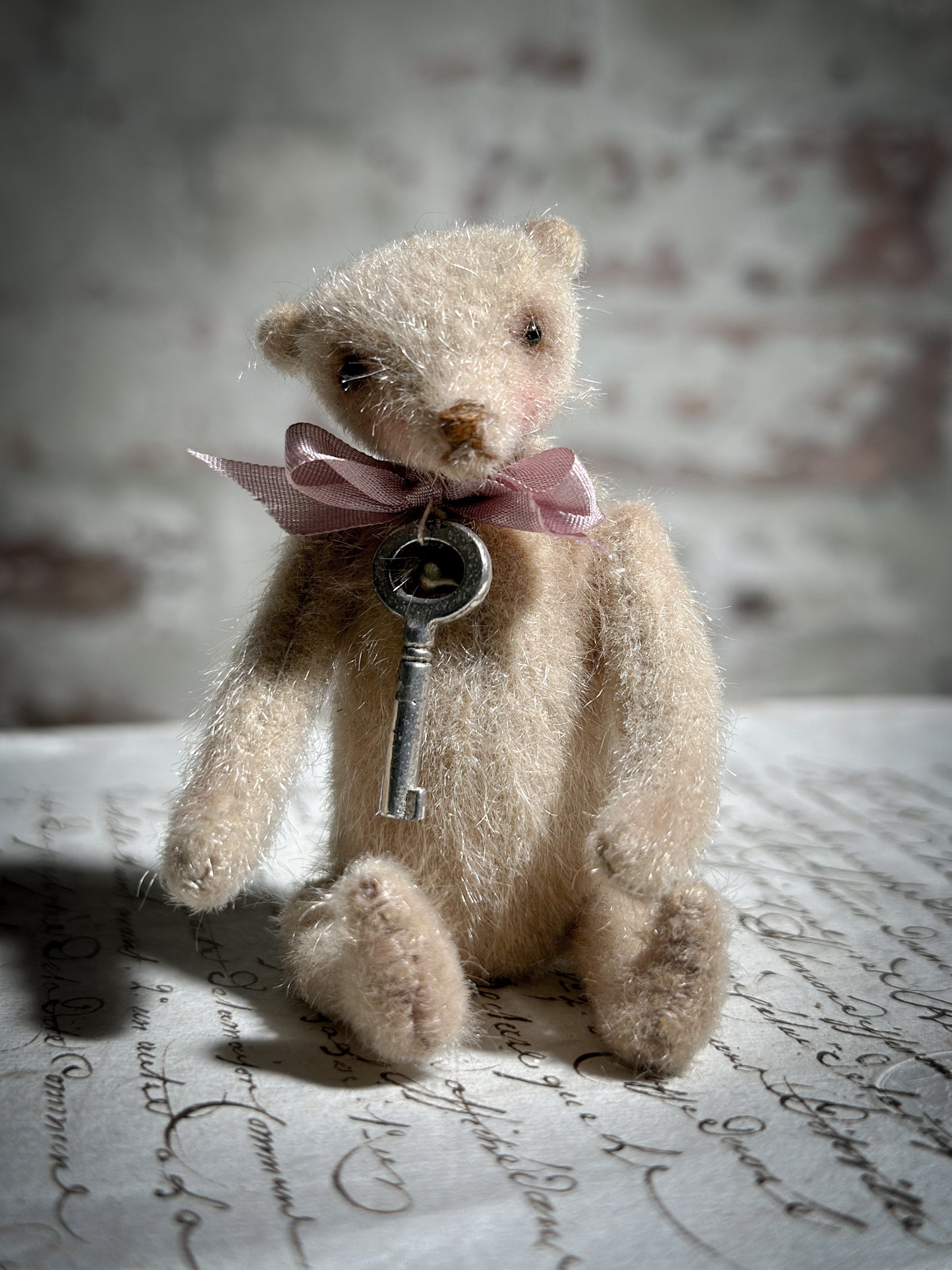 A beautiful hand made tiny jointed collector’s teddy bear with pale pink antique ribbon and bell and heart charm