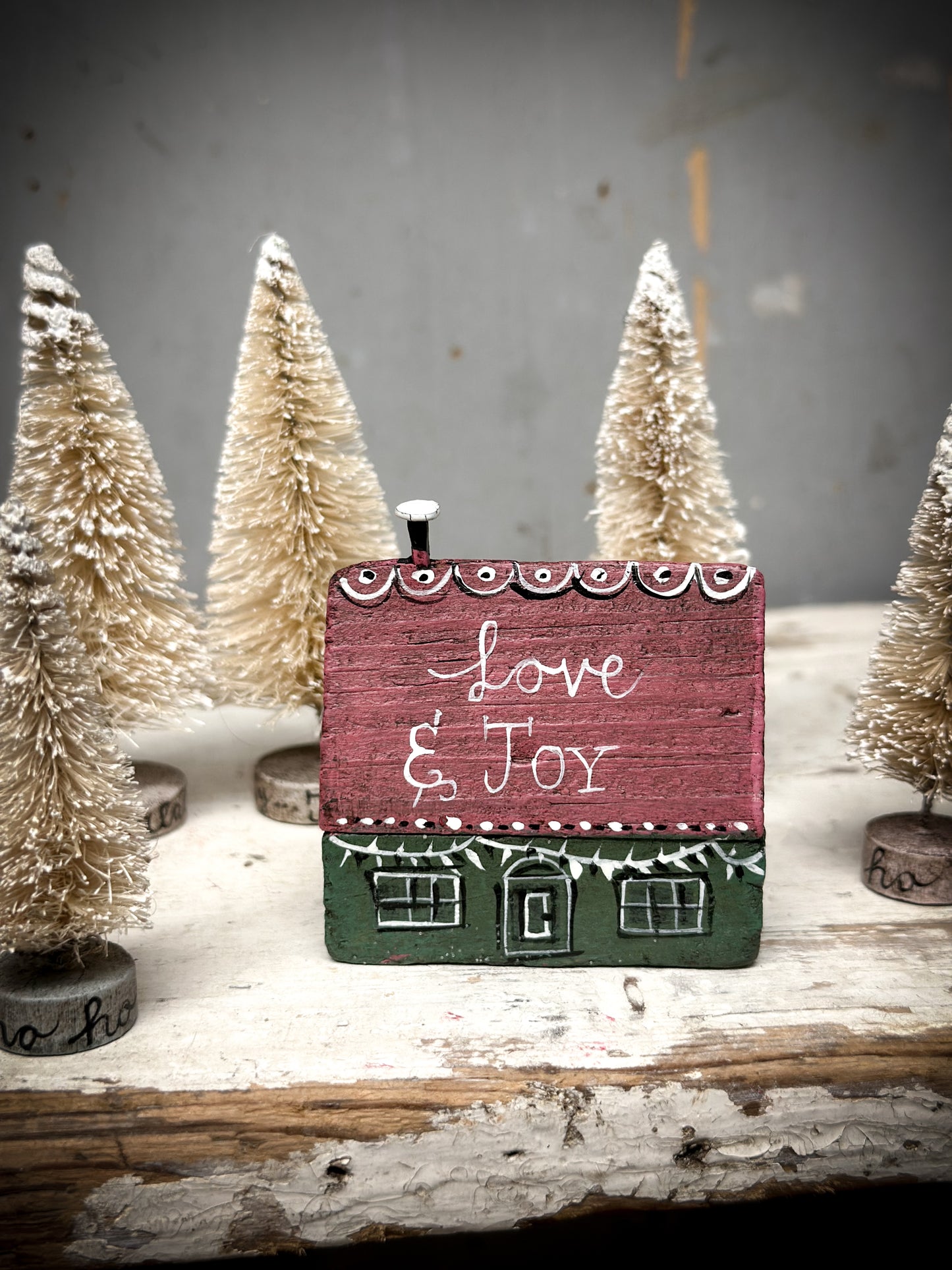 A Large Vintage German Erzgebirge Putz Wooden Village House “Love & Joy”