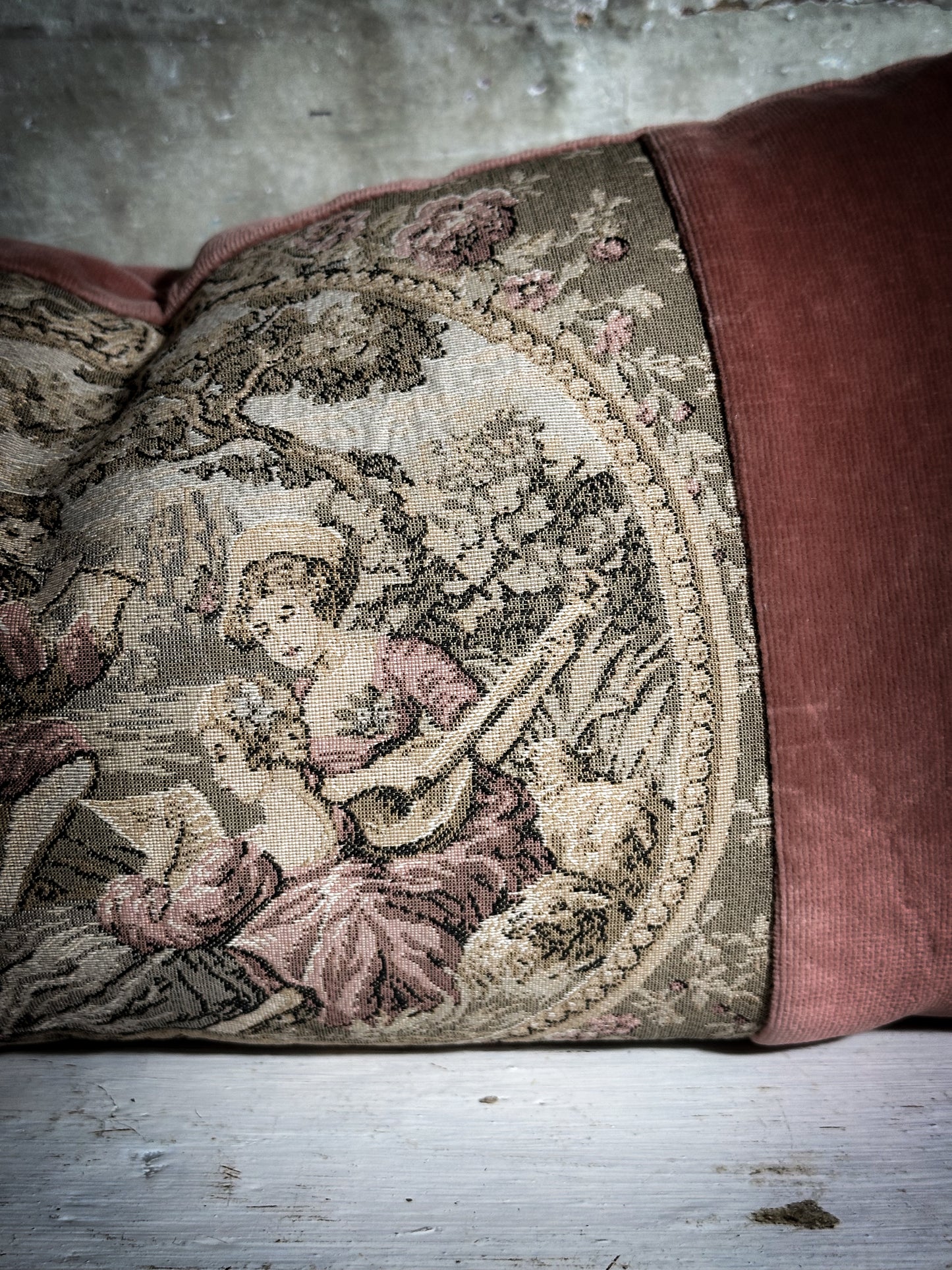 A Vintage Velvet Tapestry Fragonard Mini Bolster Cushion