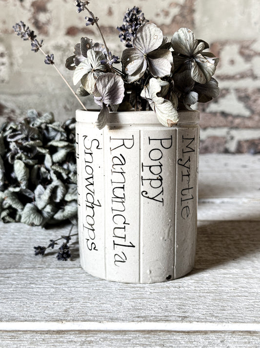 A Victorian Stoneware Preserve jar with hand painted botanical names pot A